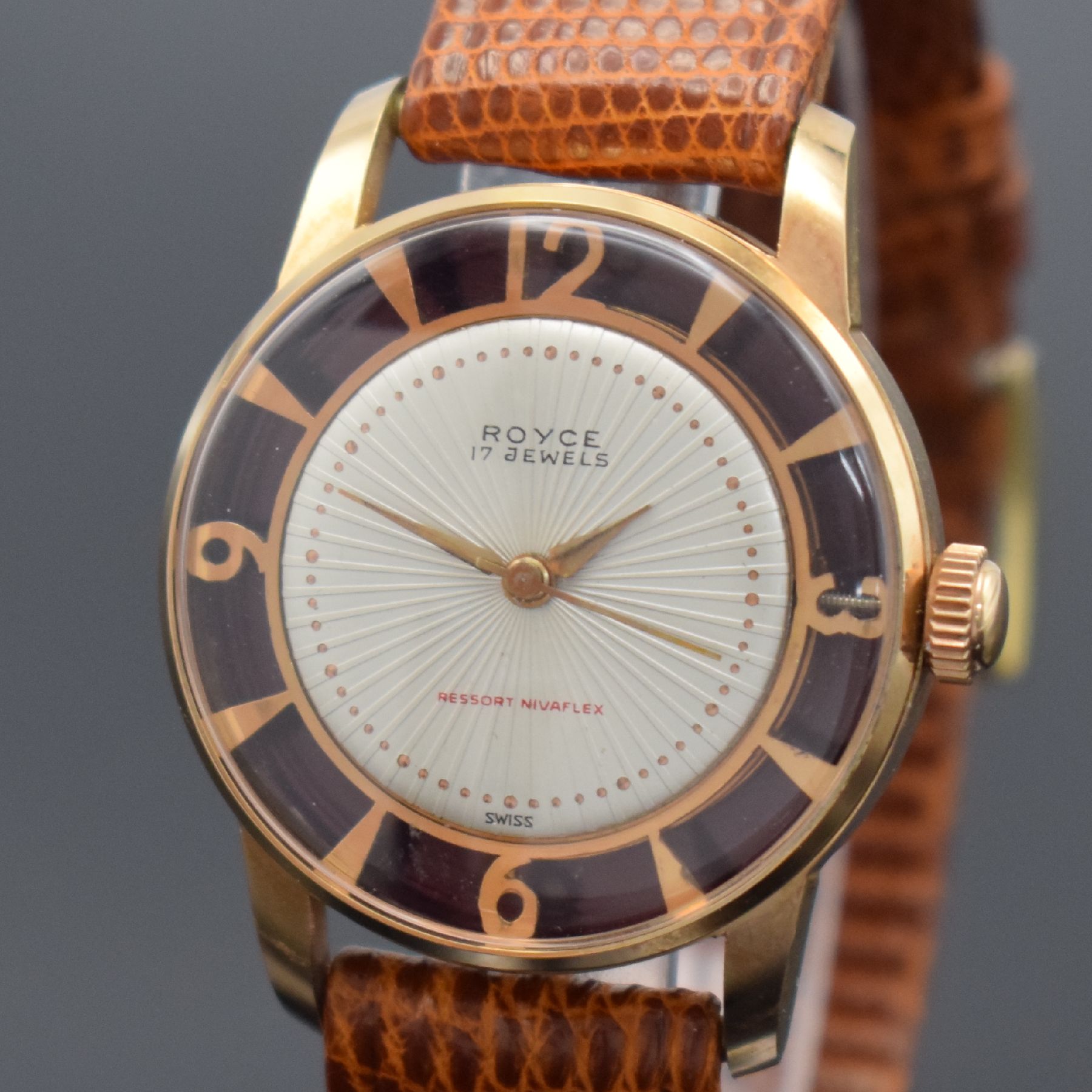Detail a: ROYCE Cocktail-Watch ausgefallene Armbanduhr, Schweiz um 1960, Handaufzug, verg. durchbr. Gehäuse, vergl. Stahlboden geschr., silb. Zifferbl. m. ...