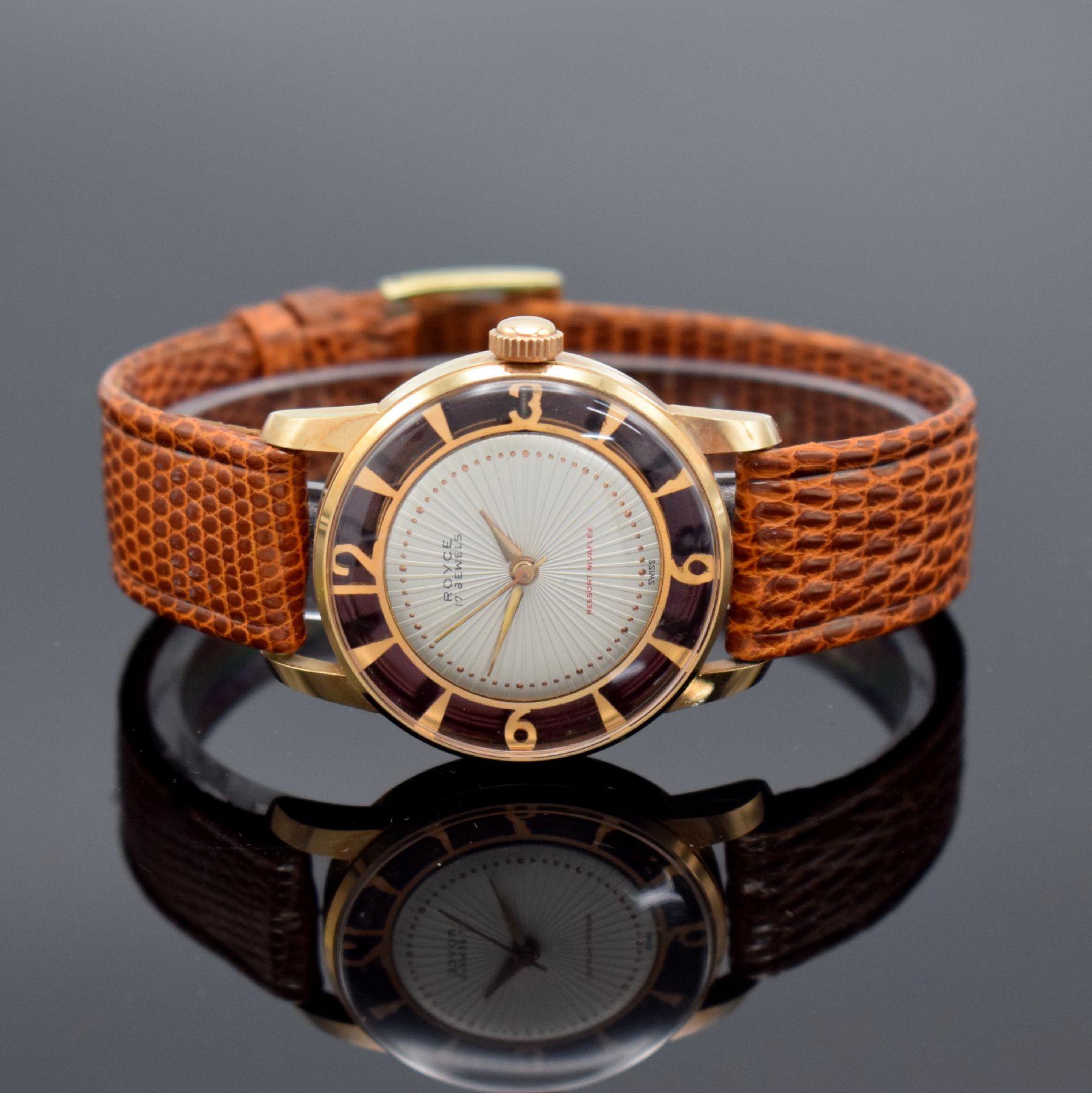 Detail b: ROYCE Cocktail-Watch ausgefallene Armbanduhr, Schweiz um 1960, Handaufzug, verg. durchbr. Gehäuse, vergl. Stahlboden geschr., silb. Zifferbl. m. ...