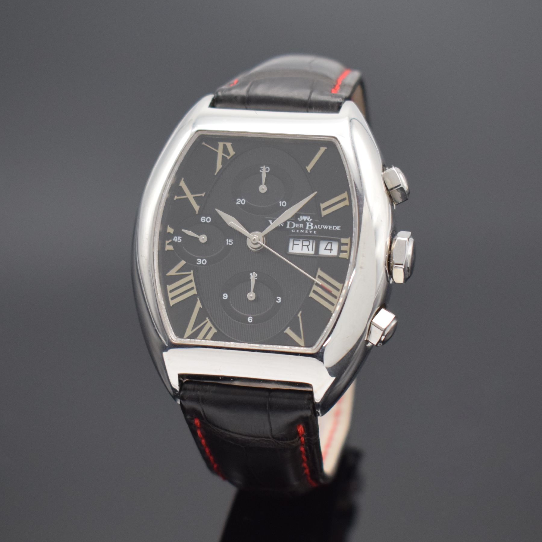 VAN DER BAUWEDE Magnum Churchill große Herrenarmbanduhr mit Chronograph, Schweiz um 2010, Automatik, beids. vergl. Gehäuse in Silber 800/000, Boden ...