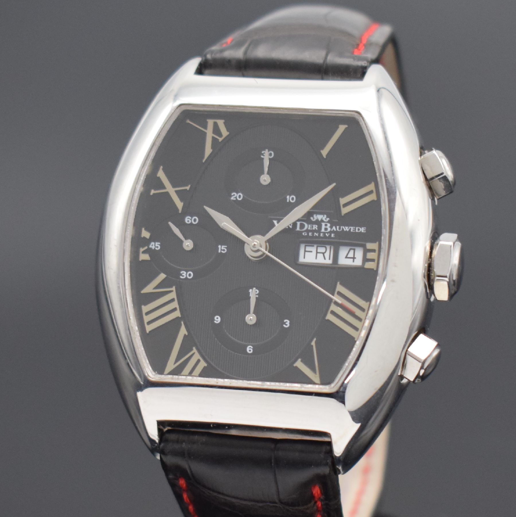 Detail a: VAN DER BAUWEDE Magnum Churchill große Herrenarmbanduhr mit Chronograph, Schweiz um 2010, Automatik, beids. vergl. Gehäuse in Silber 800/000, Boden ...