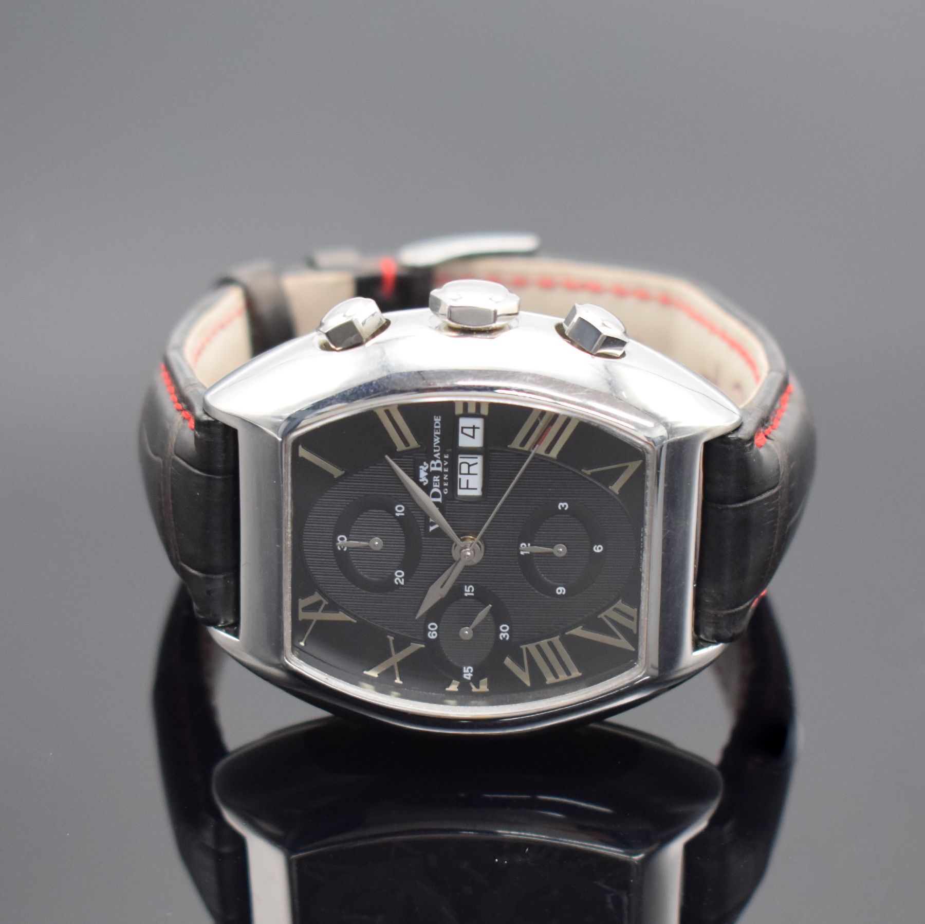 Detail b: VAN DER BAUWEDE Magnum Churchill große Herrenarmbanduhr mit Chronograph, Schweiz um 2010, Automatik, beids. vergl. Gehäuse in Silber 800/000, Boden ...