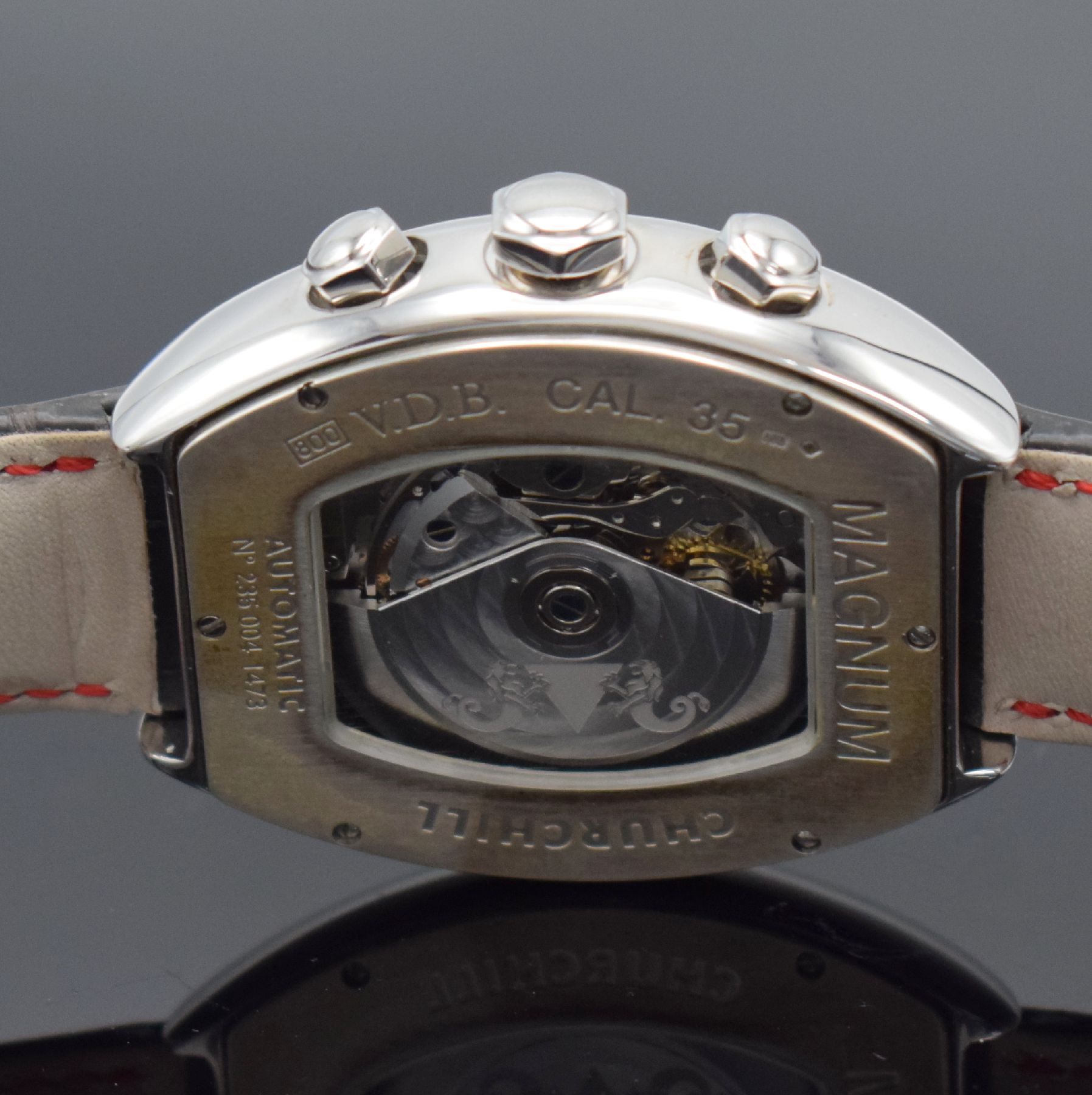 Detail e: VAN DER BAUWEDE Magnum Churchill große Herrenarmbanduhr mit Chronograph, Schweiz um 2010, Automatik, beids. vergl. Gehäuse in Silber 800/000, Boden ...