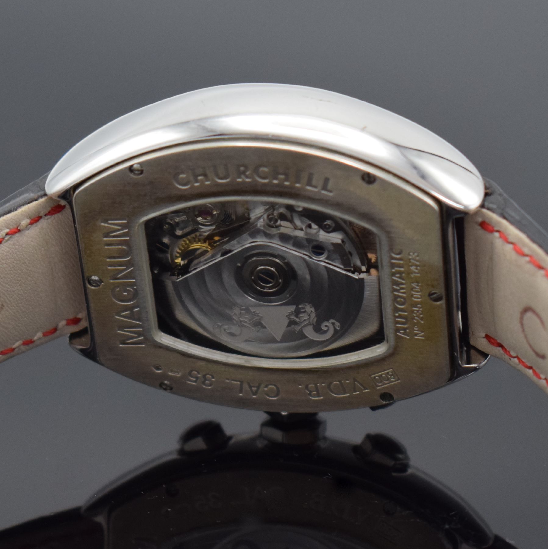 Detail f: VAN DER BAUWEDE Magnum Churchill große Herrenarmbanduhr mit Chronograph, Schweiz um 2010, Automatik, beids. vergl. Gehäuse in Silber 800/000, Boden ...