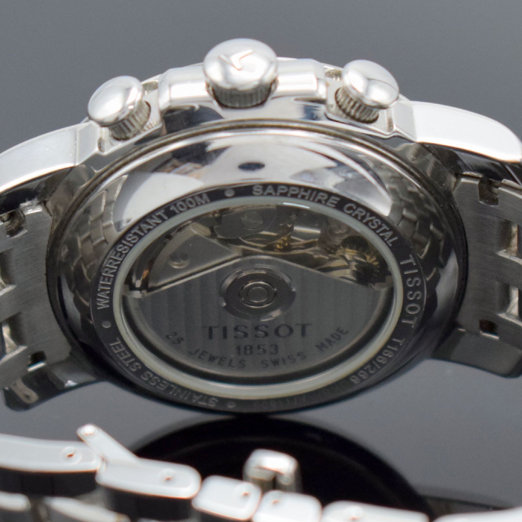 Detail e: TISSOT Day-Date Chronograph Herrenarmbanduhr, Schweiz um 2010, Automatik, massives beids. vergl. Geh. in Edelstahl, orig. Gliederband m. dopp. ...