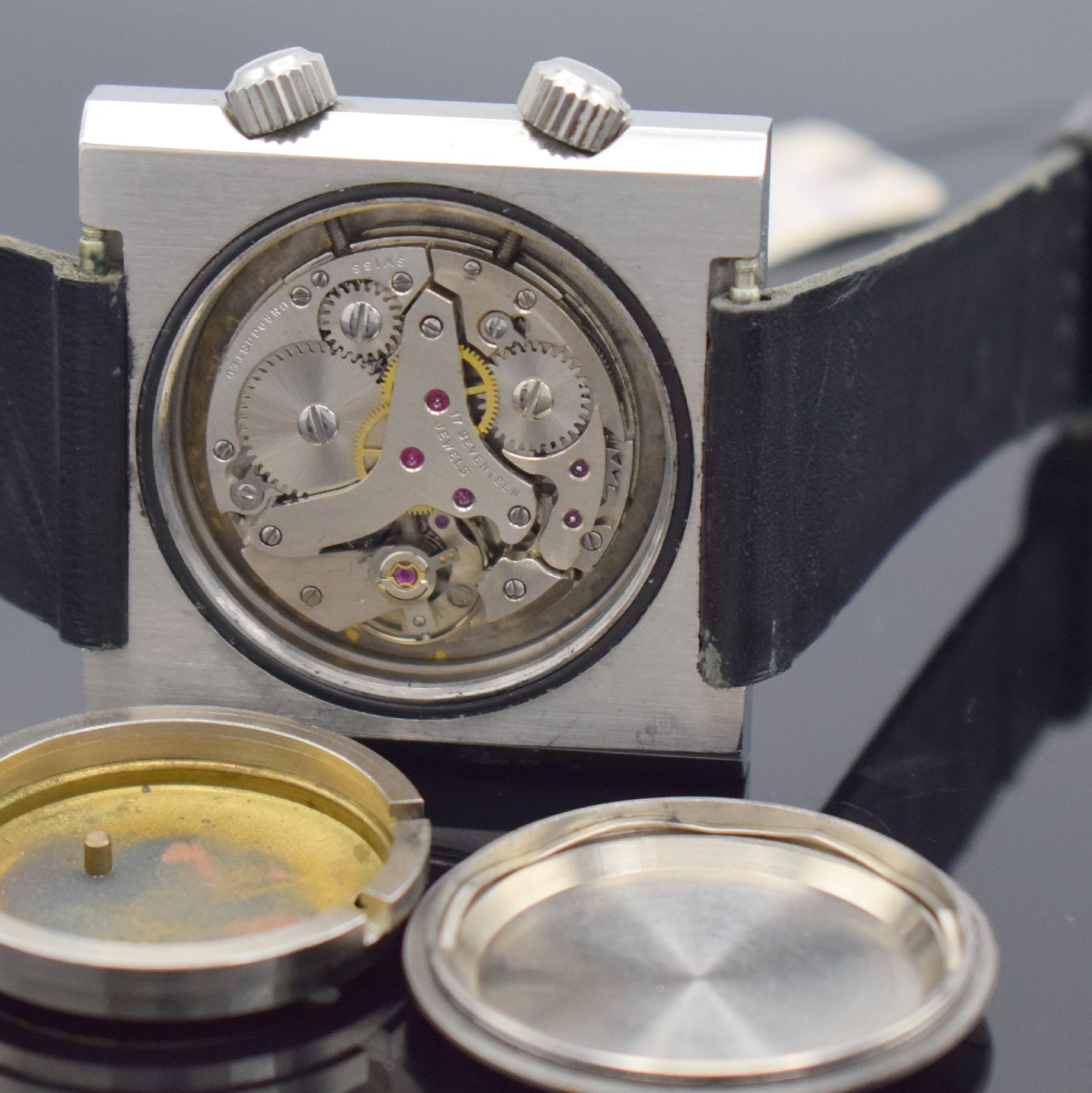 Detail f: ITRACO Aquascope Vibrator Herrenarmbanduhr mit Wecker, Schweiz um 1965, Handaufzug, Edelstahlgeh., verschr. Boden, Krone f. Aufzug & Zeigerst. b. 4, ...