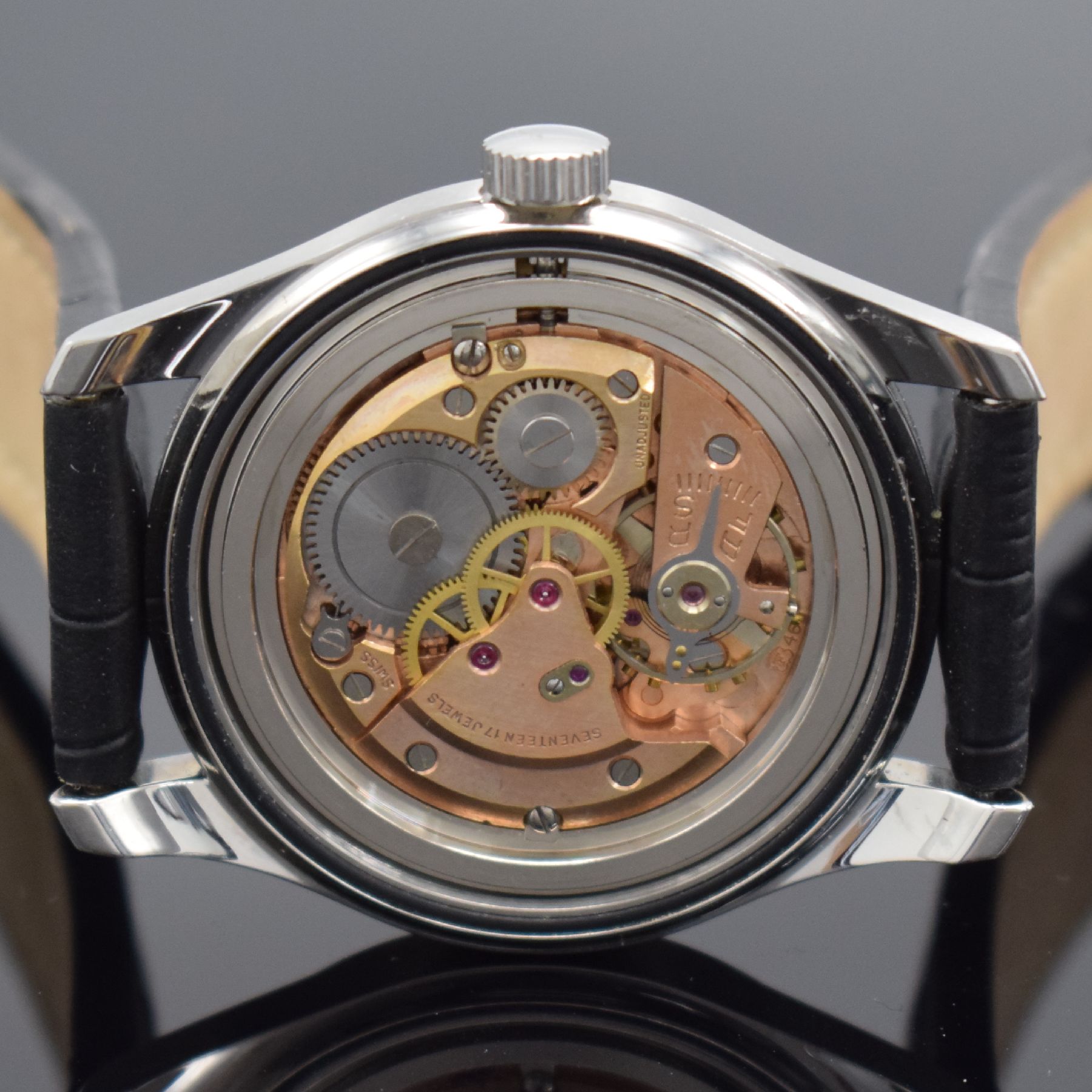 Detail g: ARLY Natostar Herrenarmbanduhr, Werk Schweiz um 1955, Handaufzug, verschr. Boden & Geh. später, schwarzes Zifferbl. m. arab. Zahlen, weiße Zeiger, ...