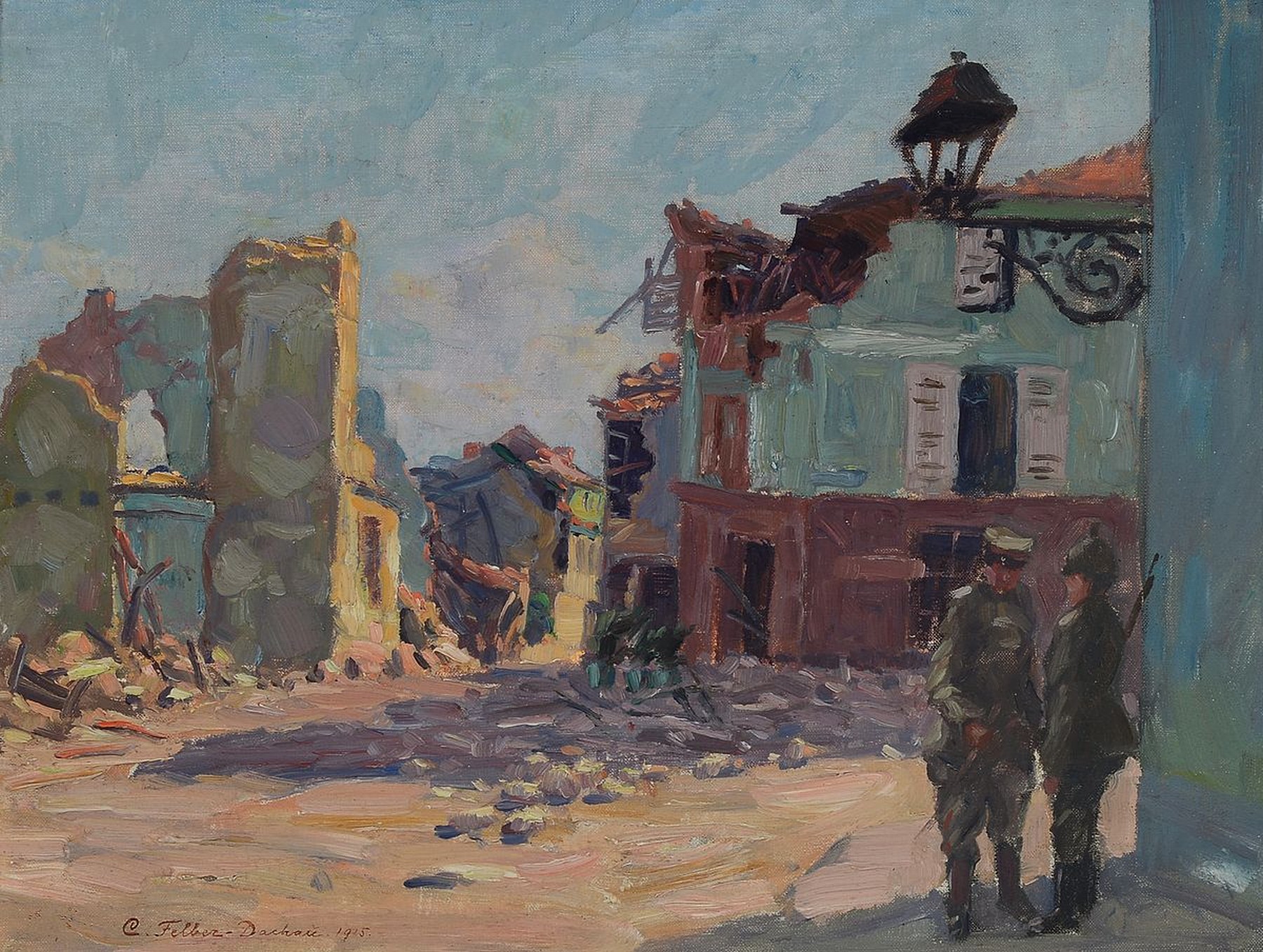 Carl Friedrich Felber, 1880 Wädenswil/Schweiz-1932 Dachau, zwei Soldaten in einer zerstörten Stadt, Öl/Lwd, links unten sign. Carl Felber-Dachau ...