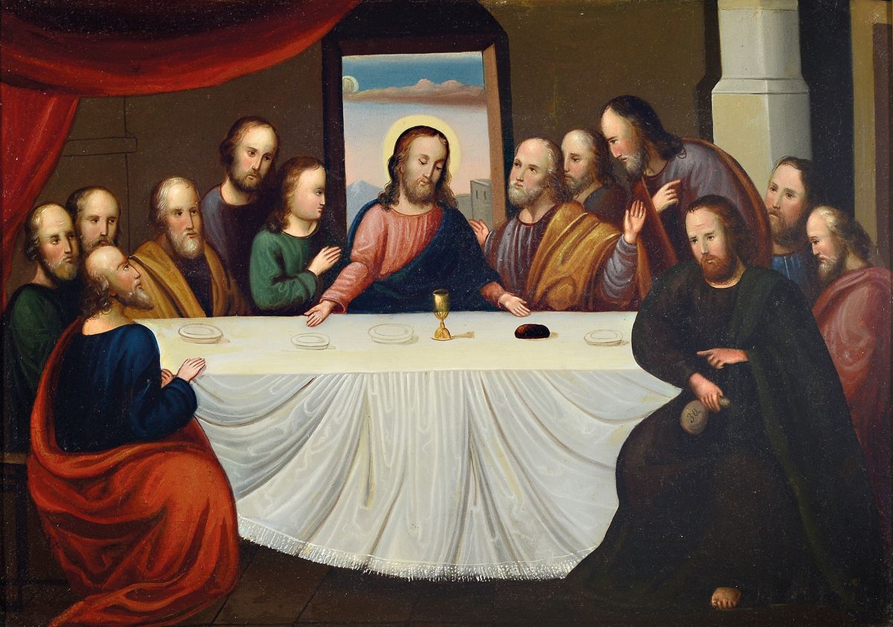 Unbekannter Künstler des frühen 19. Jh., Das letzte Abendmahl, in der Auffassung des Leonardo da Vinci, Jesus und die Apostel am Tisch, in der ...