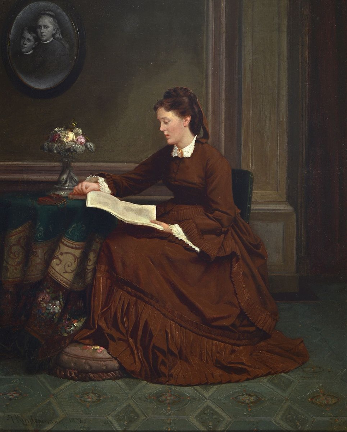 Adolph Kindermann, 1823 Lübeck-1892 Hamburg, Junge Frau lesend im Salon, Öl/Lwd, feine lasierende Malerei, links unten signiert und dat. 1876, ca. ...