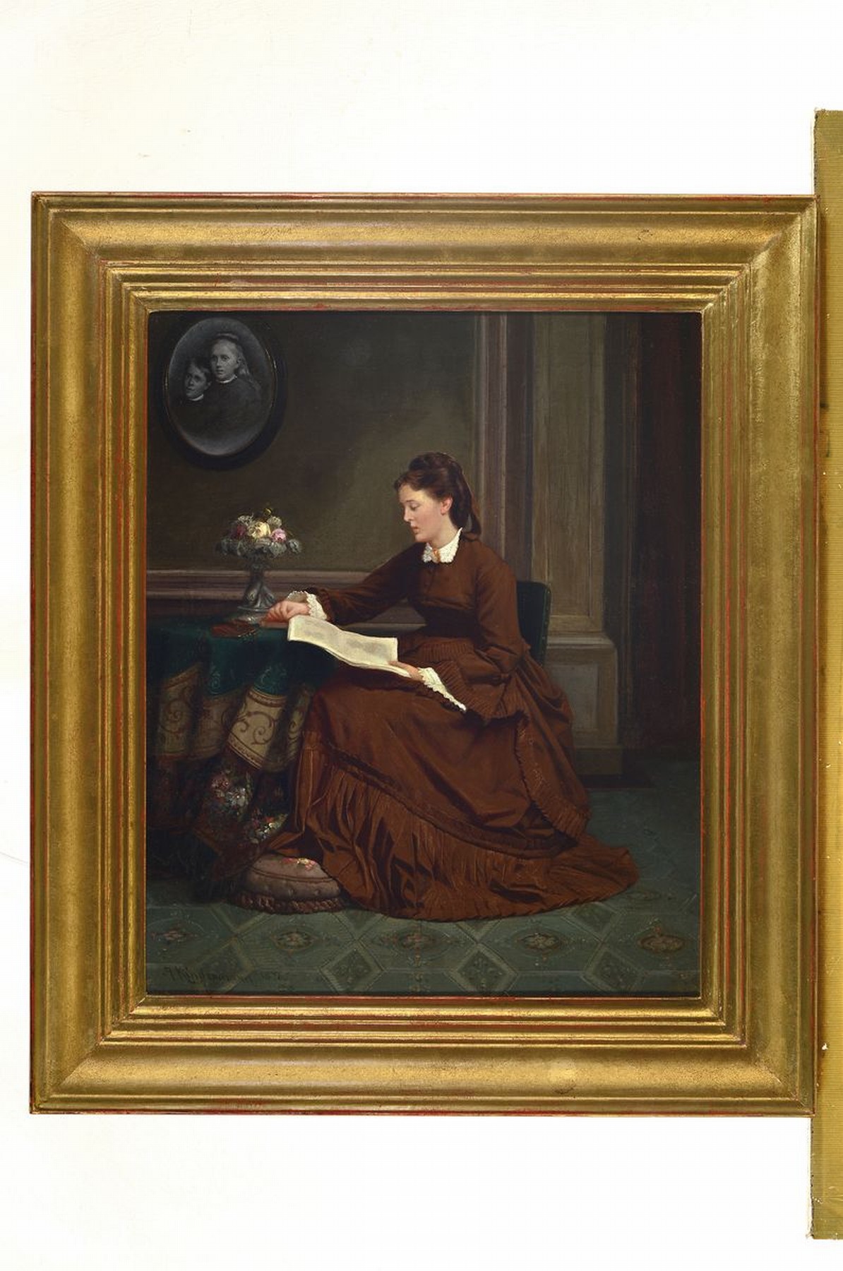 Detail k: Adolph Kindermann, 1823 Lübeck-1892 Hamburg, Junge Frau lesend im Salon, Öl/Lwd, feine lasierende Malerei, links unten signiert und dat. 1876, ca. ...