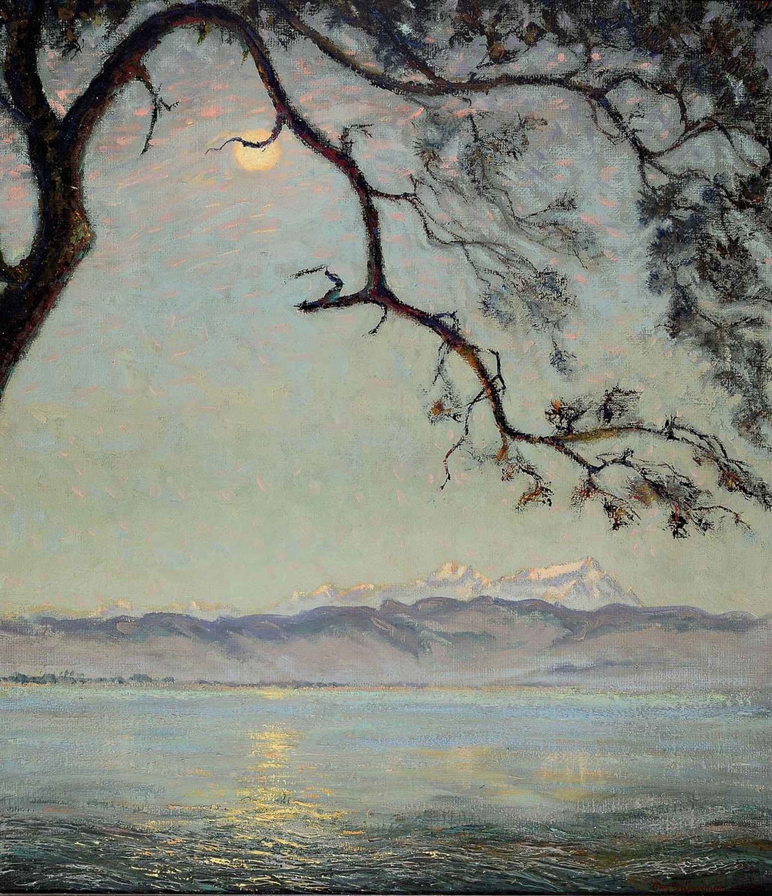 Max Brüning, 1887 Delitzsch-1968 Lindau, Vollmond über dem Bodensee, im Hintergrund die Alpen, Öl/Lwd, rechts unten signiert, ca. 80x70cm, R. ca. ...