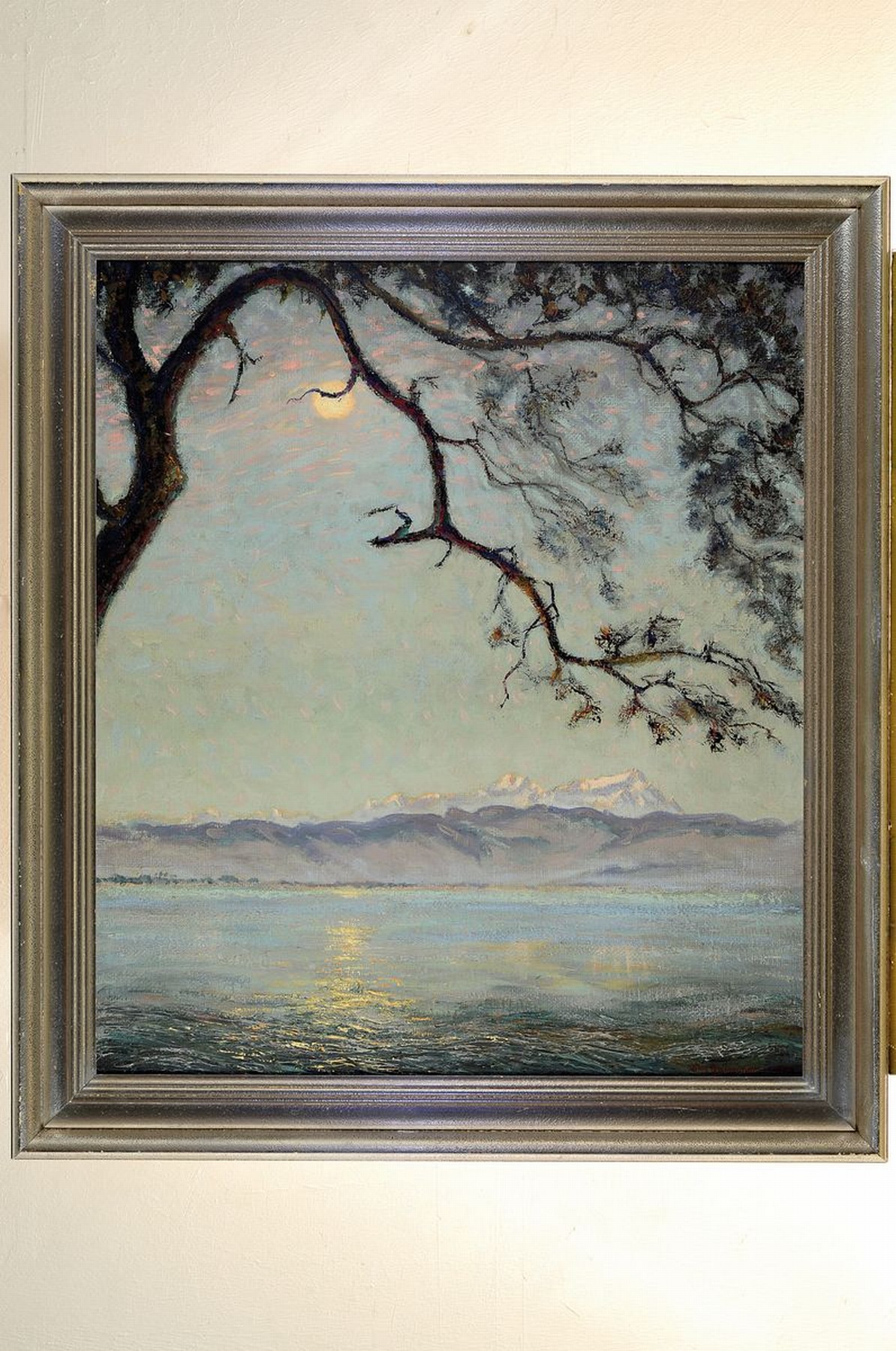 Detail k: Max Brüning, 1887 Delitzsch-1968 Lindau, Vollmond über dem Bodensee, im Hintergrund die Alpen, Öl/Lwd, rechts unten signiert, ca. 80x70cm, R. ca. ...