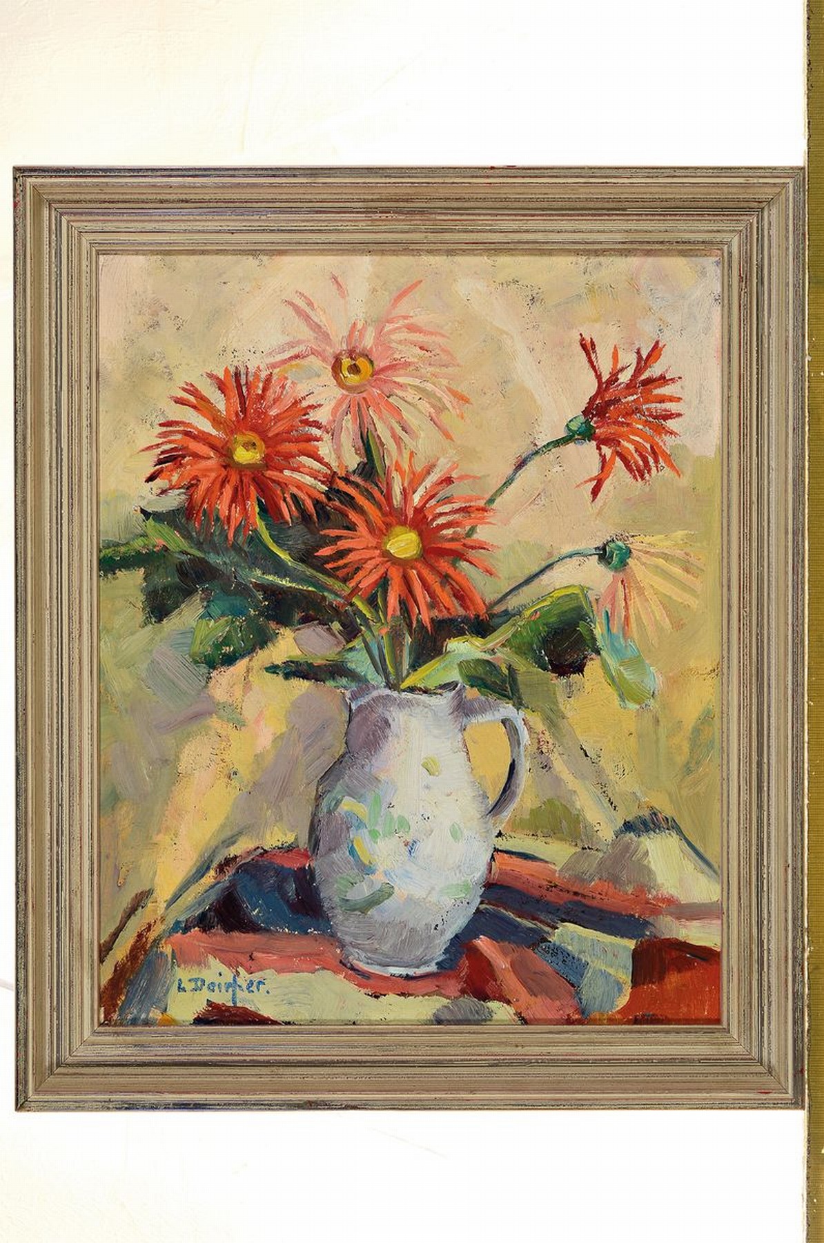 Detail k: Luise Deicher, 1891 Waiblingen-1973, Studium an der Akademie Stuttgart bei Hölzel und Altherr, hier: Blumenstillleben, Öl/Lwd, links unten ...