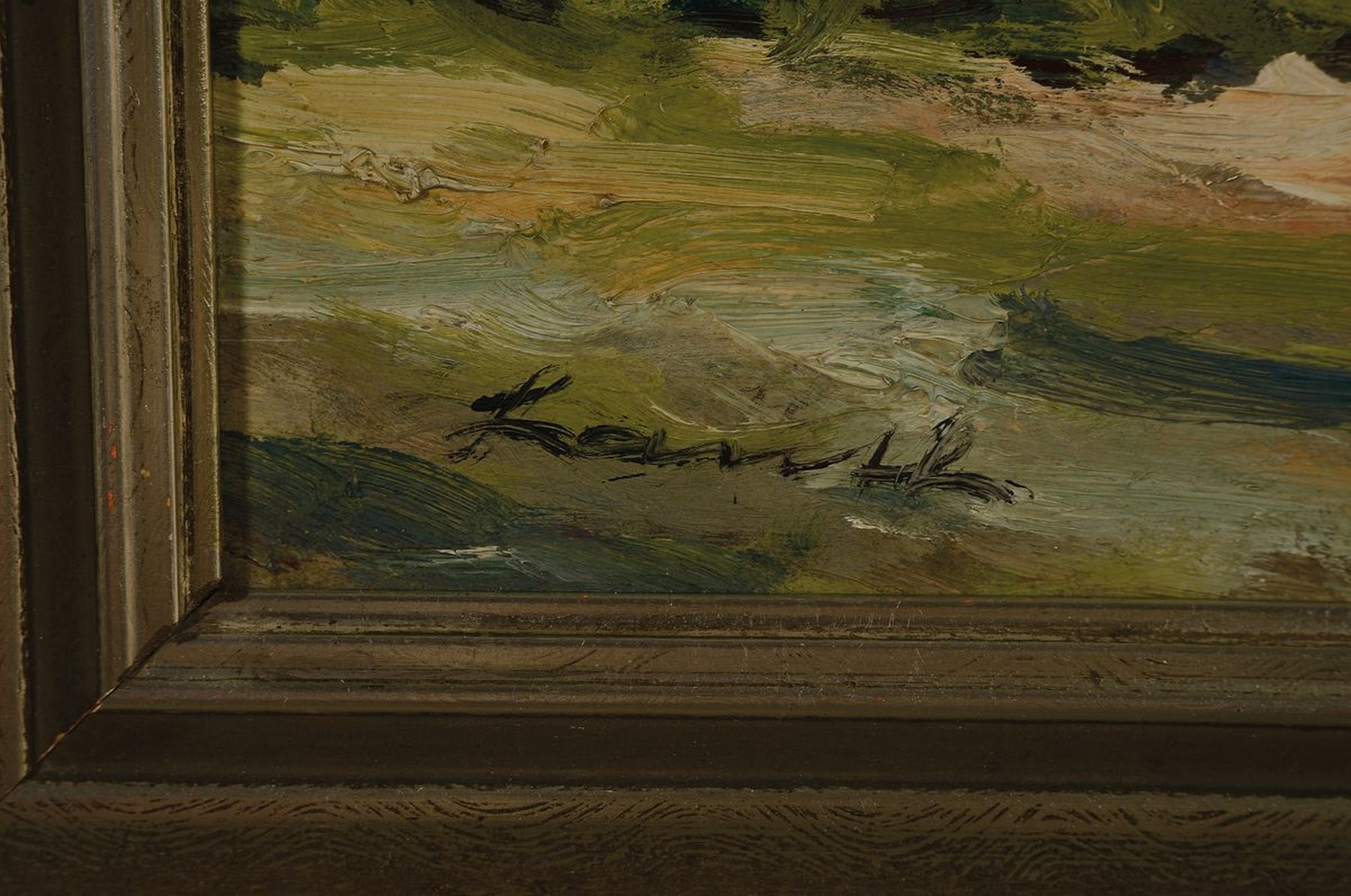 Detail a: Robert Lauth, 1896-1985 Ludwigshafen am Rhein, Landschaft in der Südpfalz mit Blick auf den Trifels, Öl/Hartfaser, links unten signiert, ca. ...