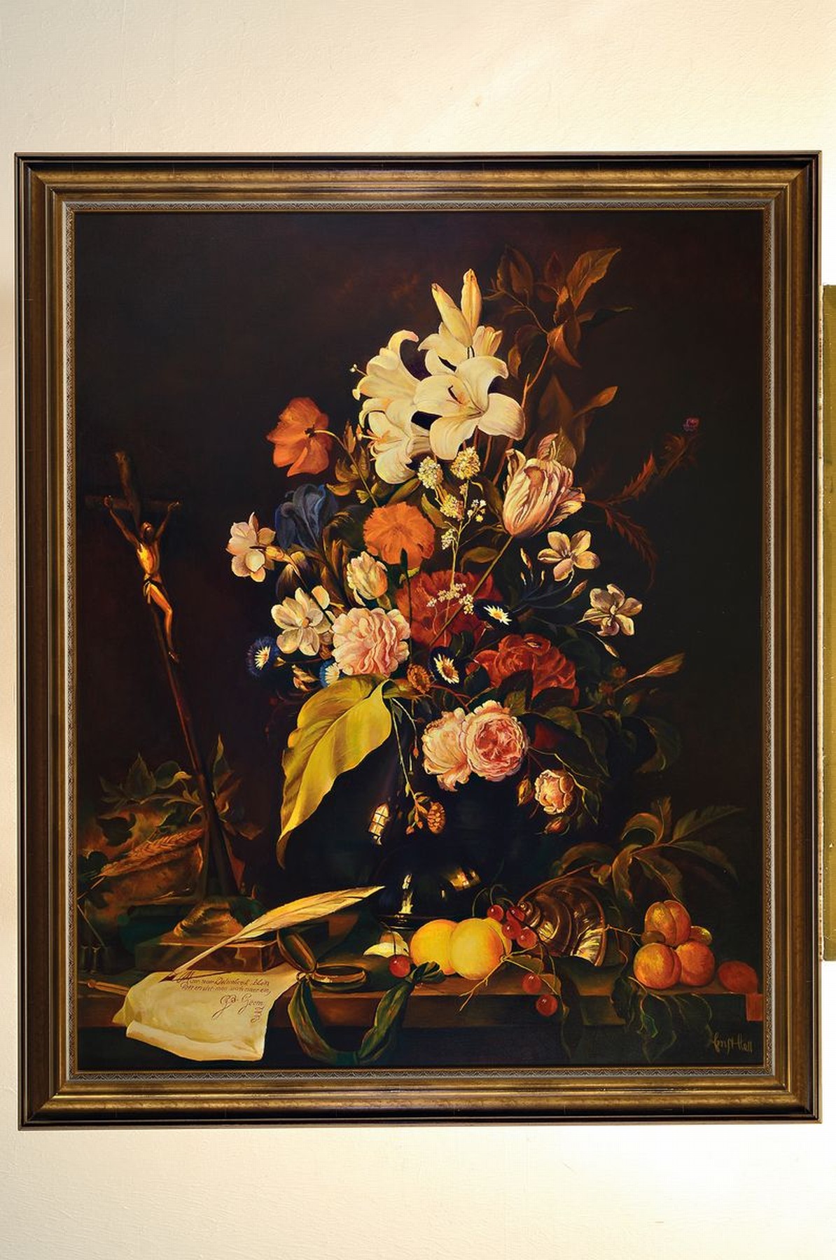 Detail k: Ernst Hell, Künstler des 20.Jh.: Kopie nach Jan Davidsz de Heem (1606-1684), gefällige Kopie nach Blumenstillleben mit Totenkopf und Kruzifix (um ...