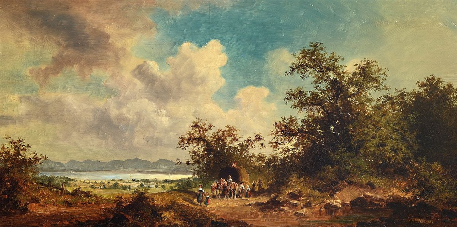 Andreas Mitterfellner, 1912 Holzkirchen - 1972 München, Öl/Holzplatte, Ernte am Chiemsee, re. u. signiert, ca. 20 x 40 cm