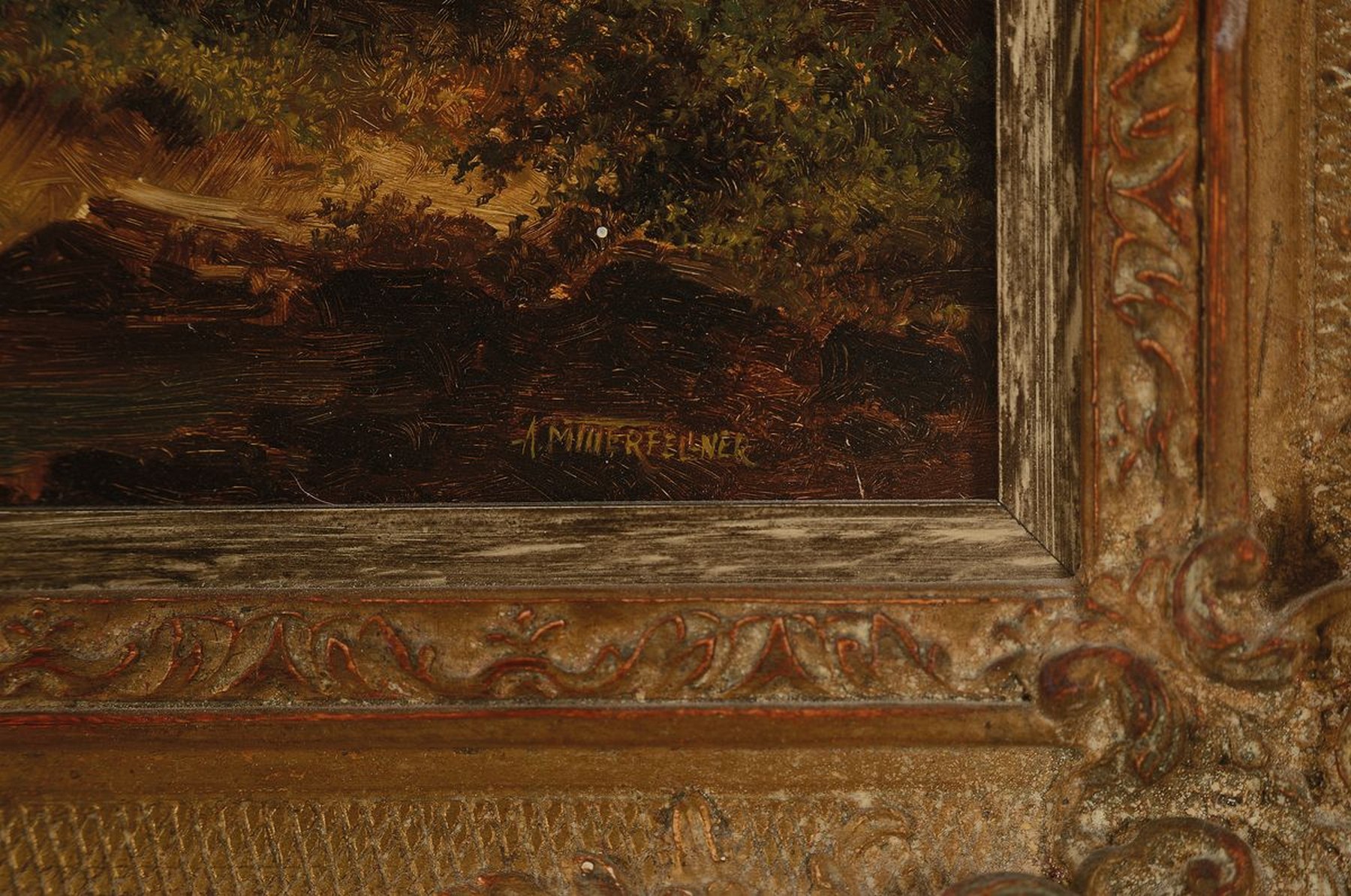 Detail a: Andreas Mitterfellner, 1912 Holzkirchen - 1972 München, Öl/Holzplatte, Ernte am Chiemsee, re. u. signiert, ca. 20 x 40 cm