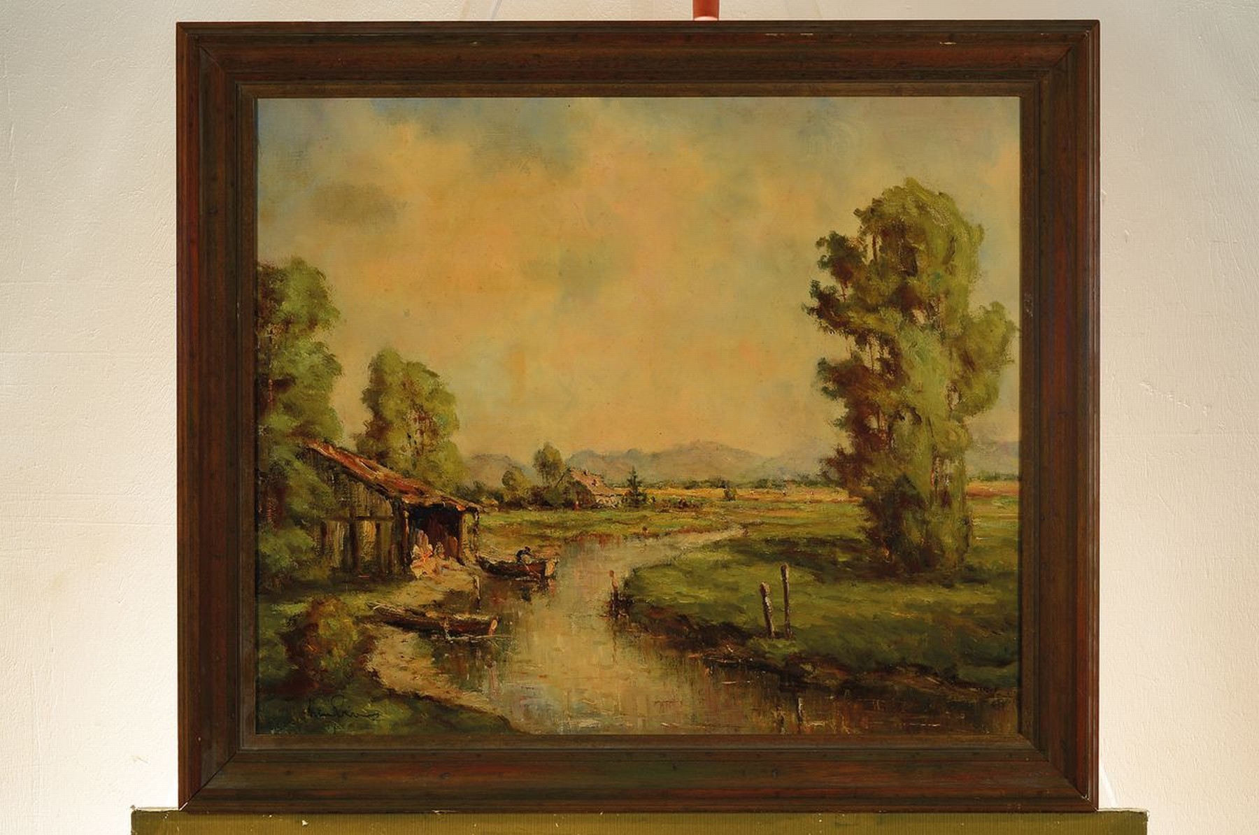 Detail k: Arthur Shi...(?), wohl britischer Künstler des 20.Jh., Flusslandschaft mit Fischerkate und zwei Booten, aufgelockerter freier Duktus, links unten ...