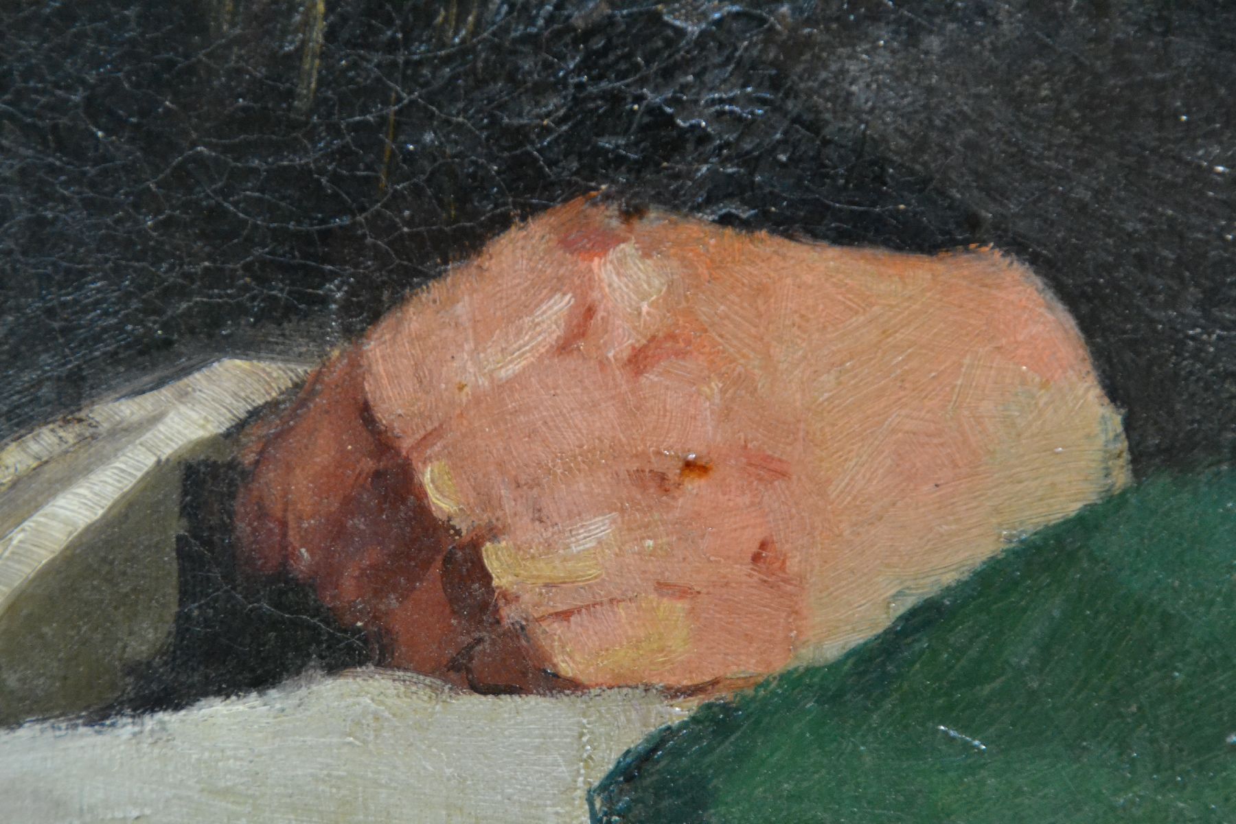 Detail d: Ungedeuteter Künstler um 1900/Anfang 20.Jh., Umkreis Wilhelm Leibl, Kniestück einer distinguierten Dame im fortgeschrittenen Alter, Zeitung lesend ...
