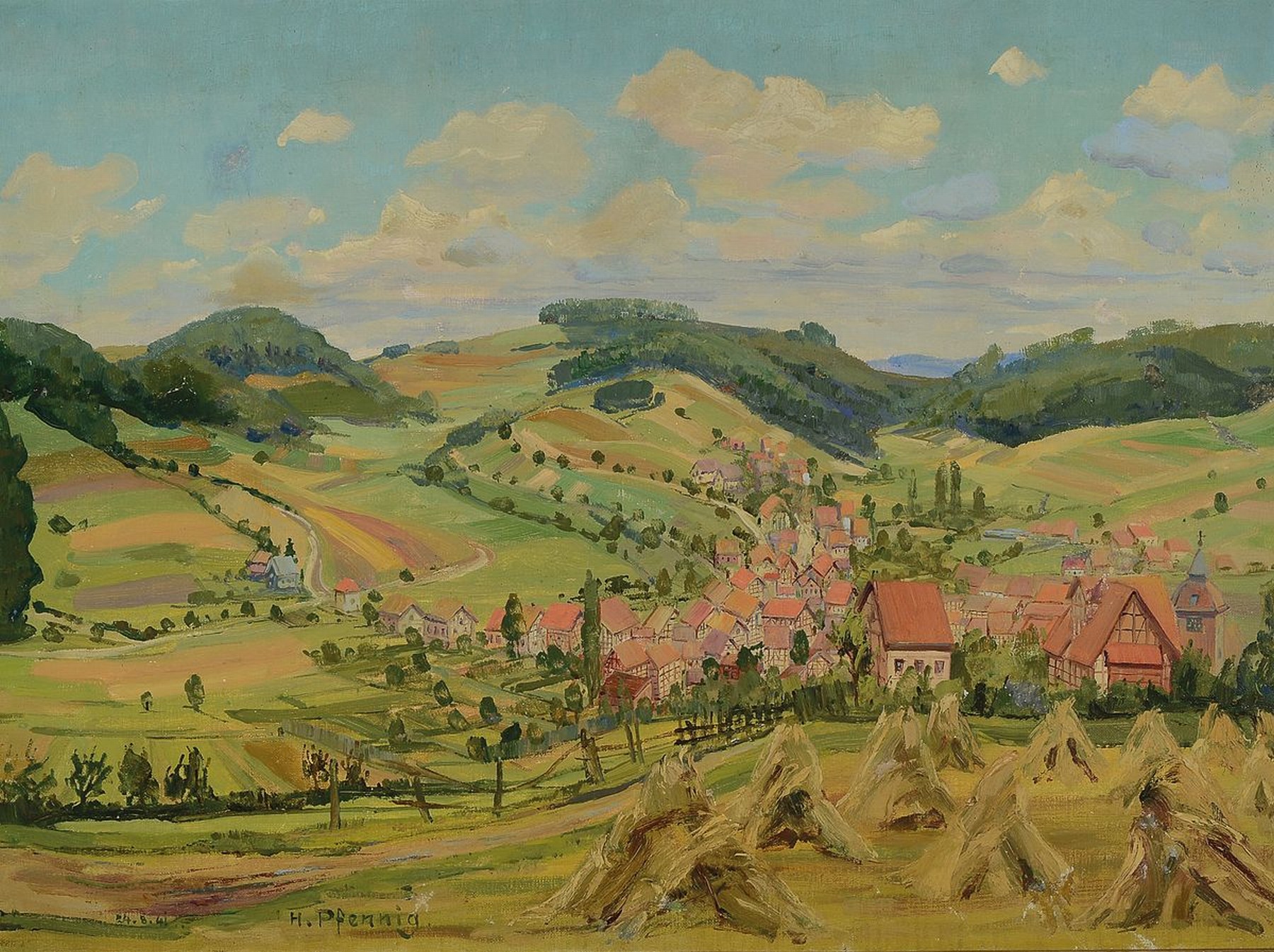 Hermann Pfennig, 1894 - 1973 Kassel, Studium an der Akademie Kassel bei Richard Jeschke, mitteldeutsche Landschaft mit im Tal gelegenem Dorf, links ...