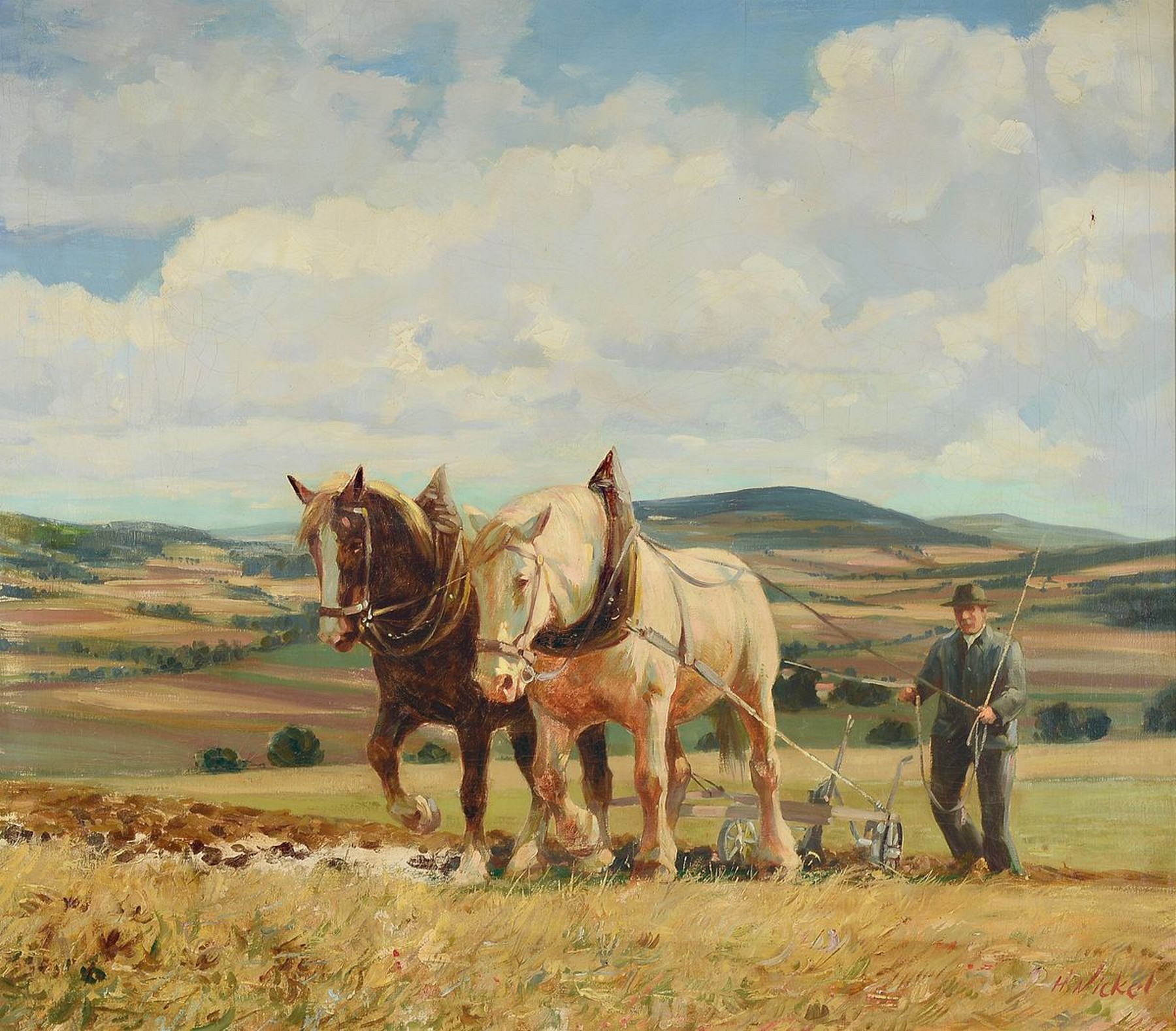 Hans Nickel, 1916 Mährisch Lotschnau - 1986 Altdorf, Ausbildung an der Kunstschule Brünn Studium der Kirchenmalerei, hier: "Pflüger in der ...