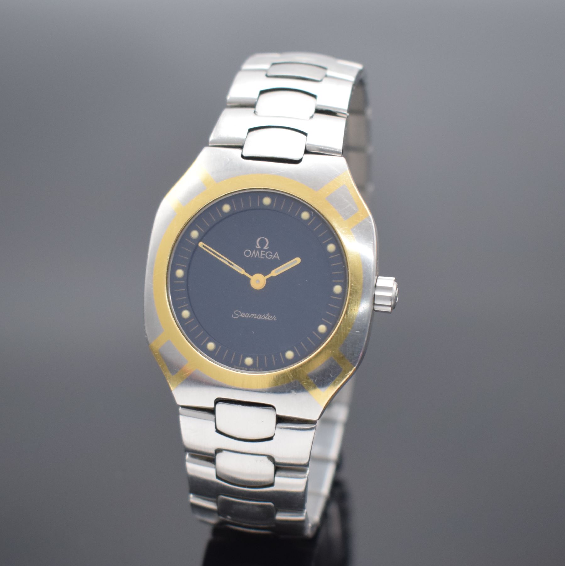OMEGA Seamaster Polaris Herrenarmbanduhr mit Multifunktionen, Schweiz um 1985, quarz mit digitaler & analoger Anzeige, Edelstahl teils m. Gold ...