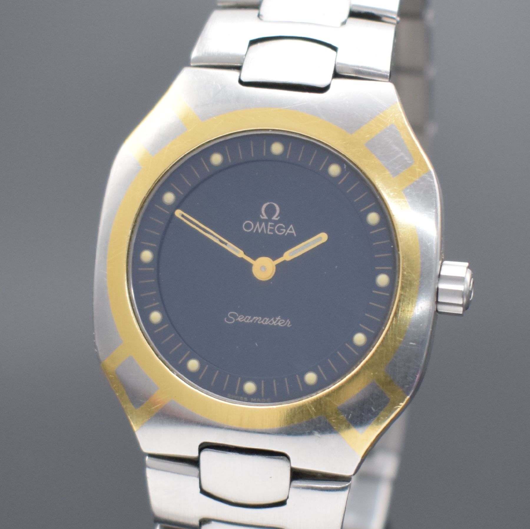 Detail a: OMEGA Seamaster Polaris Herrenarmbanduhr mit Multifunktionen, Schweiz um 1985, quarz mit digitaler & analoger Anzeige, Edelstahl teils m. Gold ...