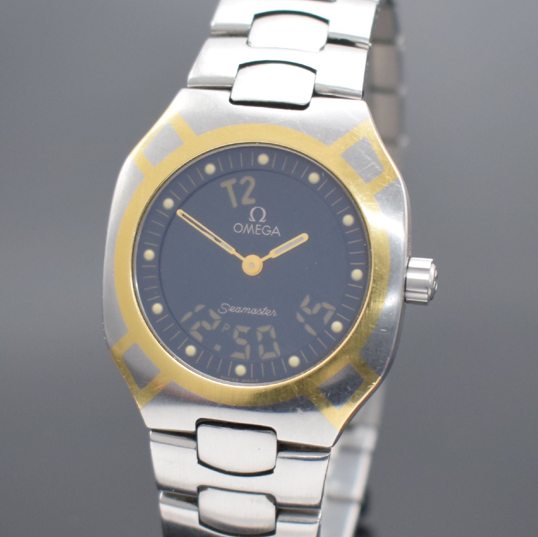 Detail b: OMEGA Seamaster Polaris Herrenarmbanduhr mit Multifunktionen, Schweiz um 1985, quarz mit digitaler & analoger Anzeige, Edelstahl teils m. Gold ...