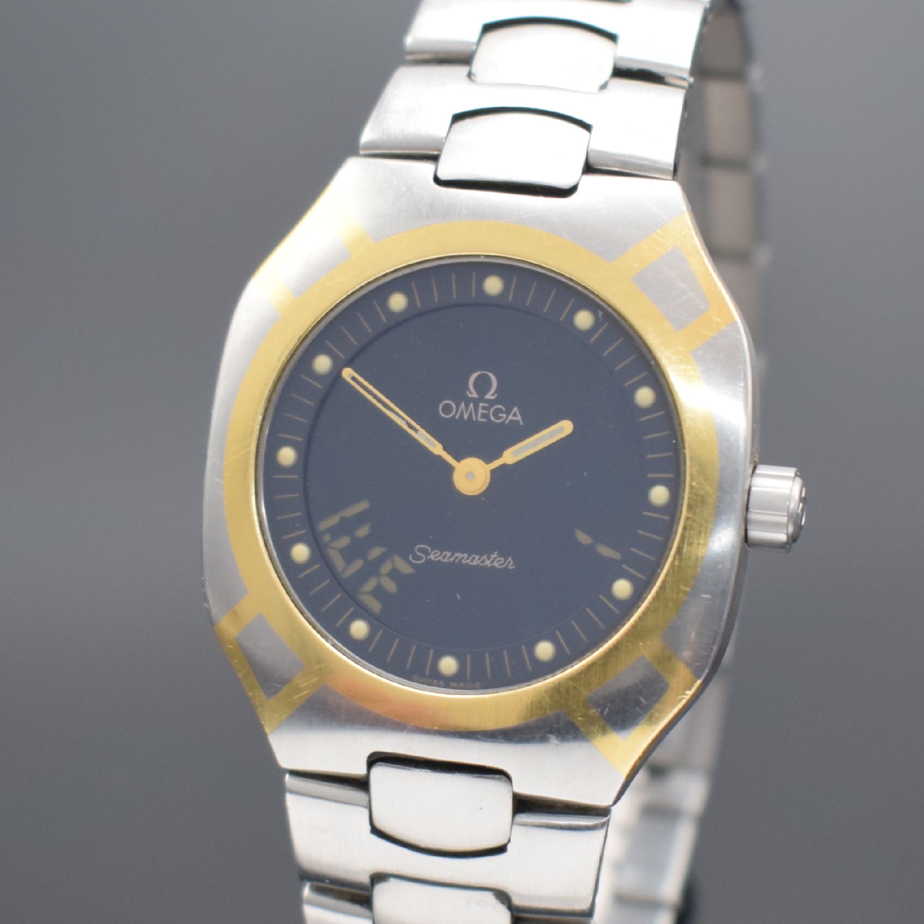 Detail c: OMEGA Seamaster Polaris Herrenarmbanduhr mit Multifunktionen, Schweiz um 1985, quarz mit digitaler & analoger Anzeige, Edelstahl teils m. Gold ...