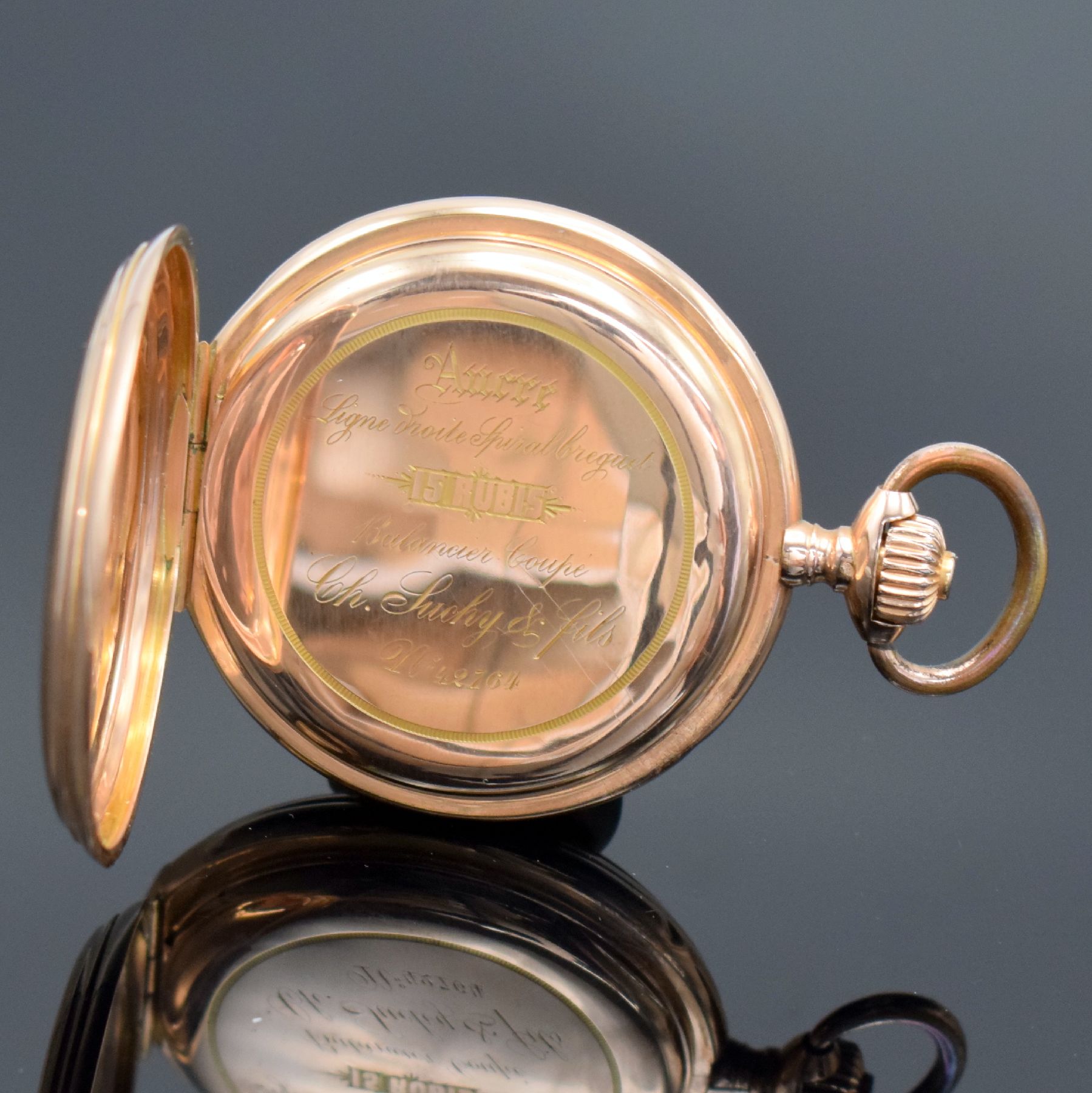 Detail d: Ch. SUCHY & Fils Savonette in RG 585/000, Schweiz um 1900, 3-Deckel Goldgeh. dell., Emailzifferbl. m. röm. Zahlen, Louis-Zeiger, 3/4-plat. ...