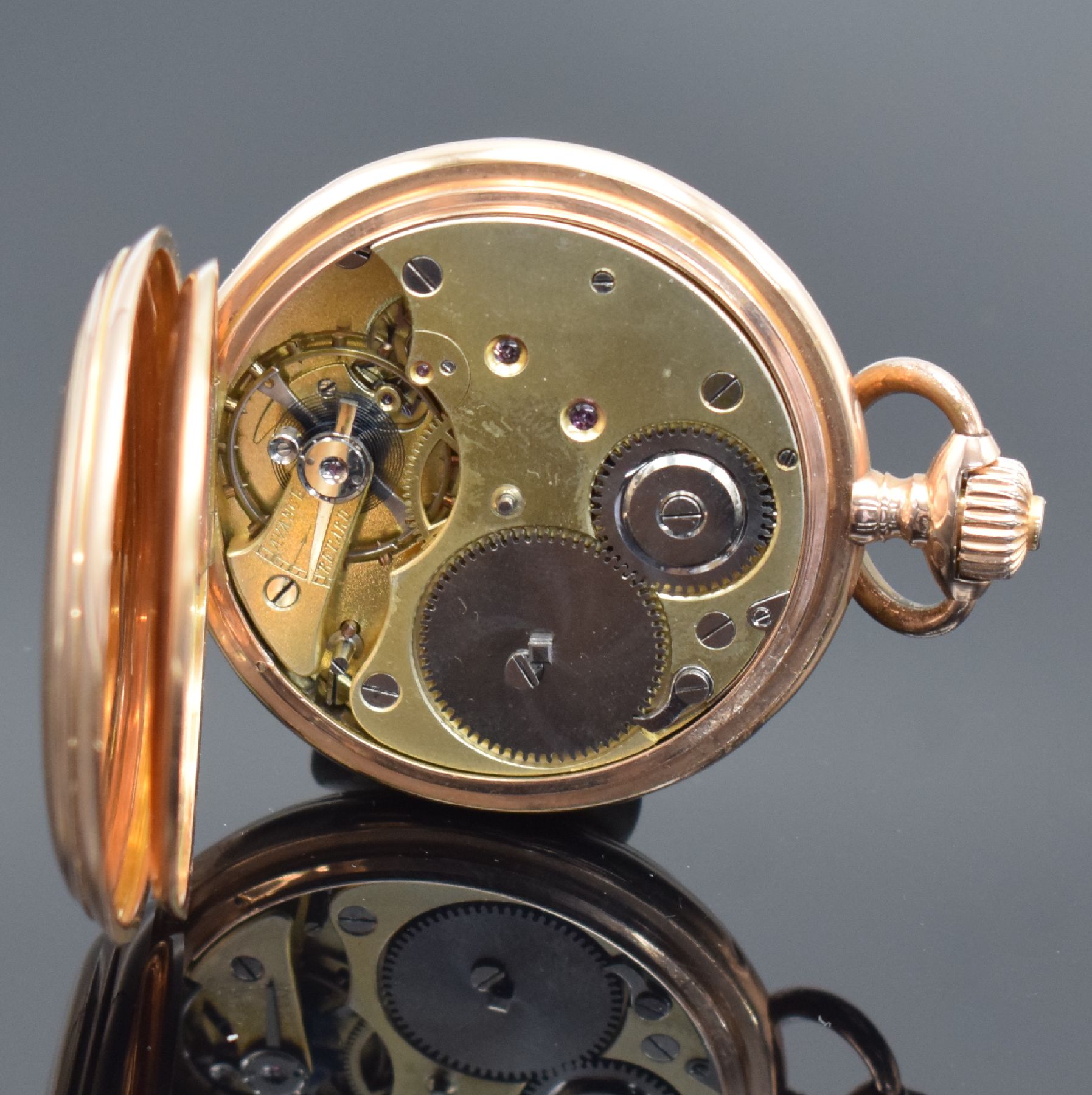 Detail e: Ch. SUCHY & Fils Savonette in RG 585/000, Schweiz um 1900, 3-Deckel Goldgeh. dell., Emailzifferbl. m. röm. Zahlen, Louis-Zeiger, 3/4-plat. ...