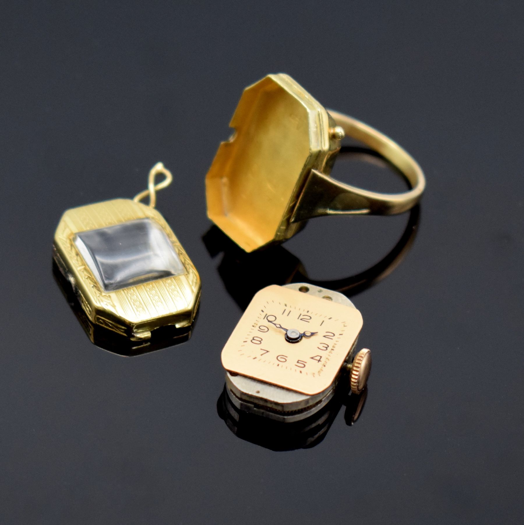 Detail f: Ringuhr aus Armbanduhr umgebaut in GG 750/000 & RoseG 585/000, Uhr Schweiz um 1920, 2- teil. Geh., Scharnier def., Ringschiene später auf ...