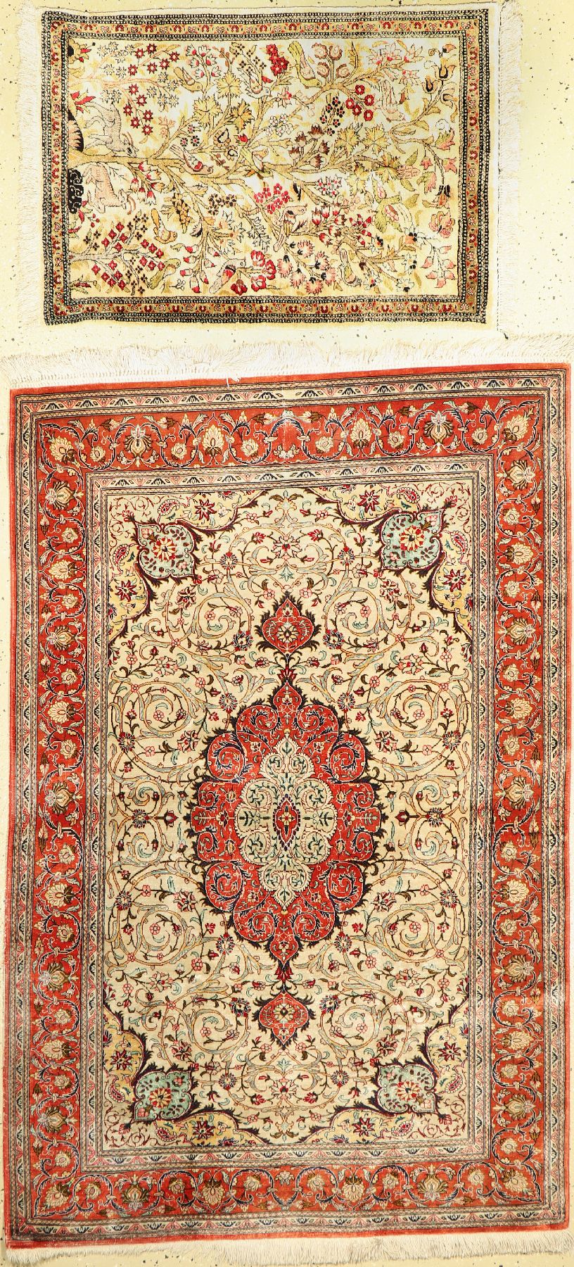 2 Ghom Seide, Persien, ca. 50 Jahre, reine Naturseide, ca. 152 x 100 cm, EHZ: 4, ca. 80 x 56 cm, EHZ: 2