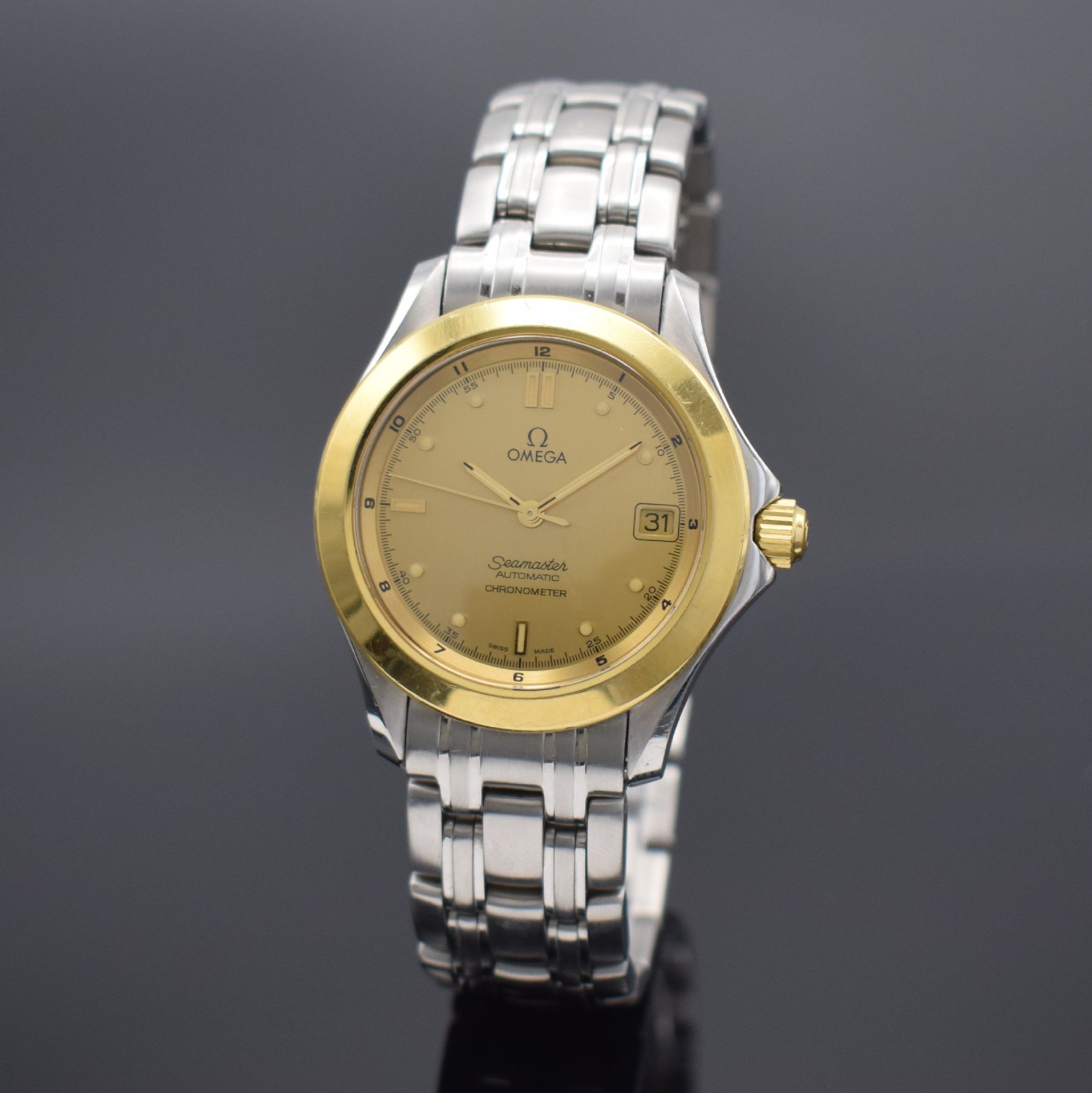OMEGA Seamaster Chronometer Herrenarmbanduhr in Stahl/Gold Referenz 196.1501, Schweiz um 1995, verkauft lt. beiliegender Garantiekarte am 7.12.2017, ...