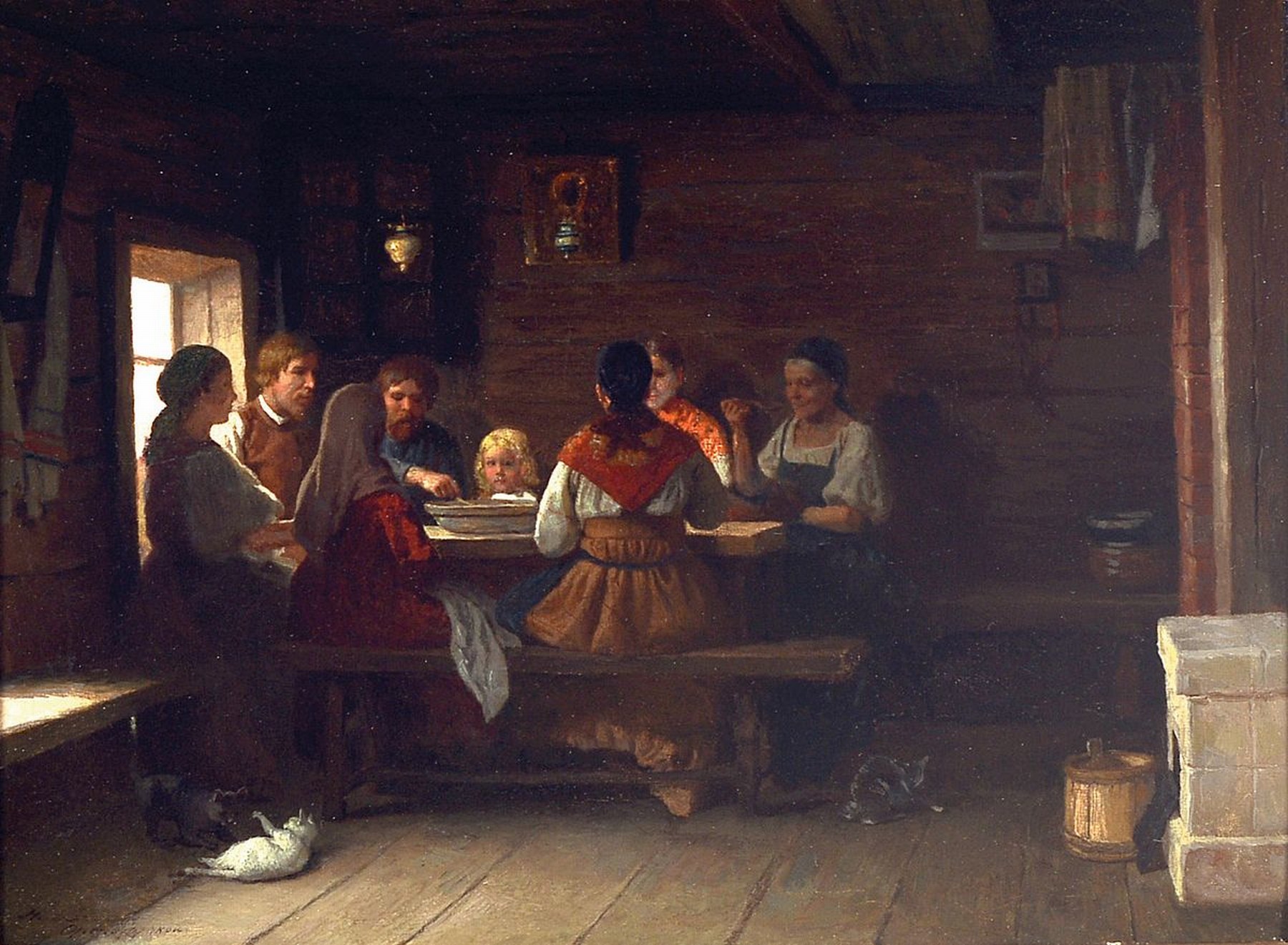 Unleserlich signiert, Niederlande, Mitte 19. Jh., Bauernfamilie am Esstisch versammelt, am Boden zwei spielende Katzen, Öl/Lwd, links unten ...