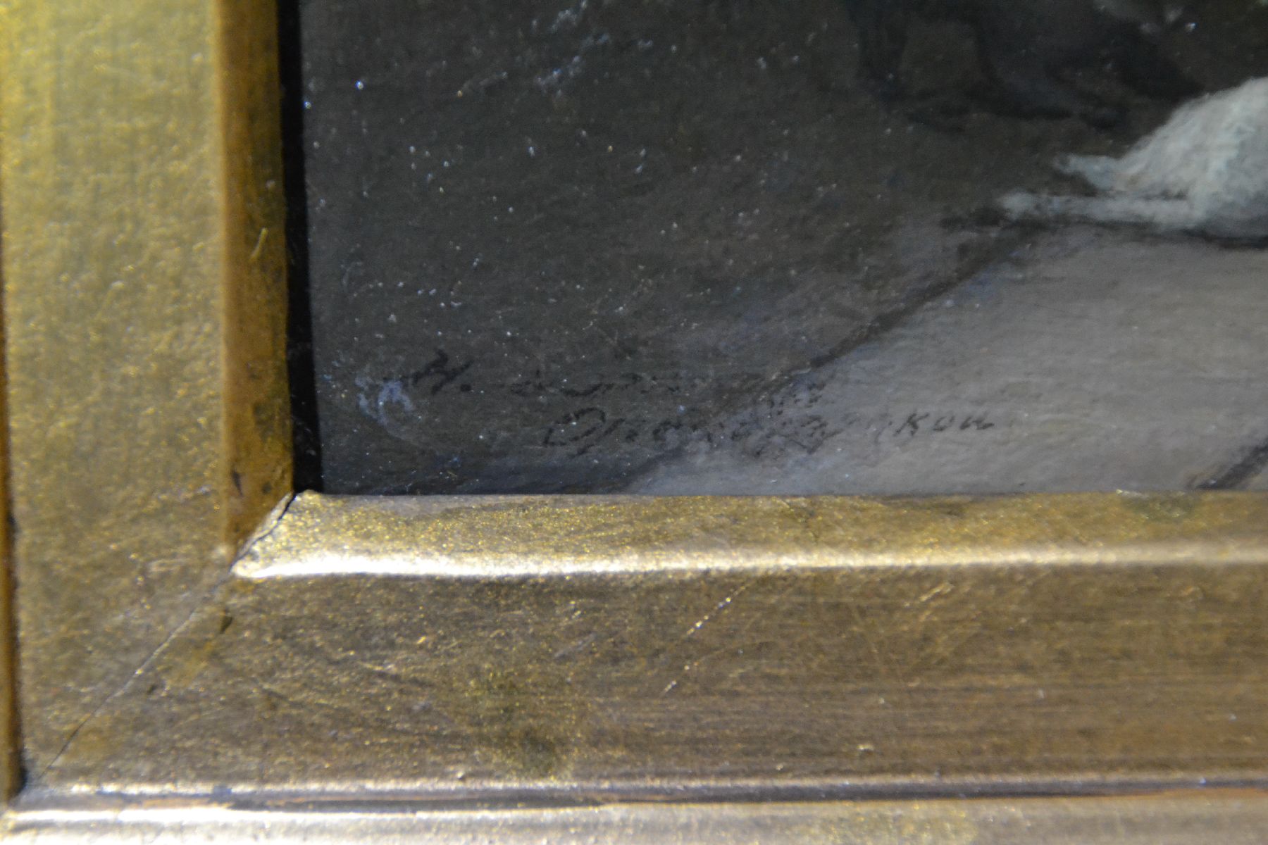 Detail b: Unleserlich signiert, Niederlande, Mitte 19. Jh., Bauernfamilie am Esstisch versammelt, am Boden zwei spielende Katzen, Öl/Lwd, links unten ...