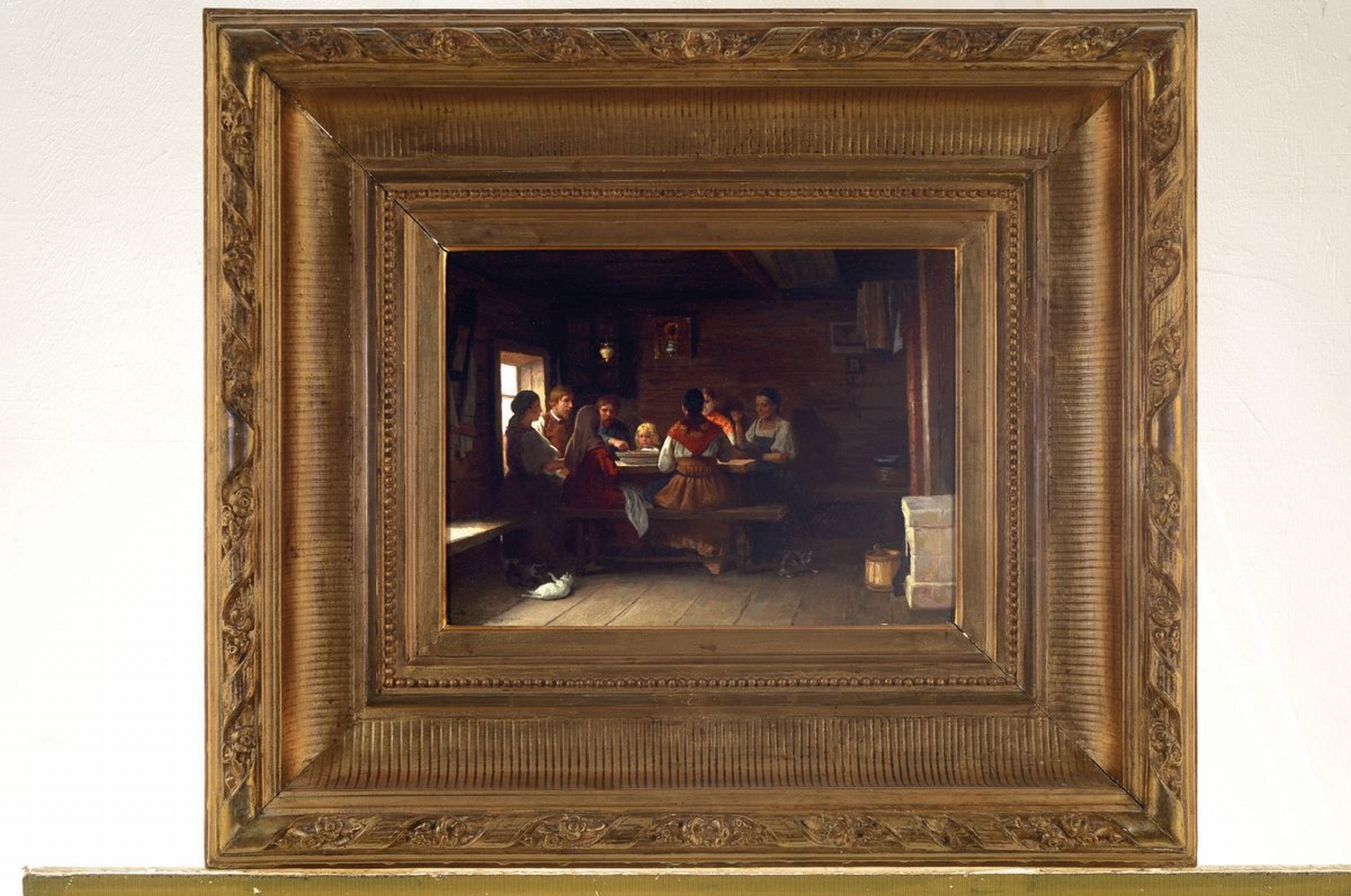 Detail k: Unleserlich signiert, Niederlande, Mitte 19. Jh., Bauernfamilie am Esstisch versammelt, am Boden zwei spielende Katzen, Öl/Lwd, links unten ...