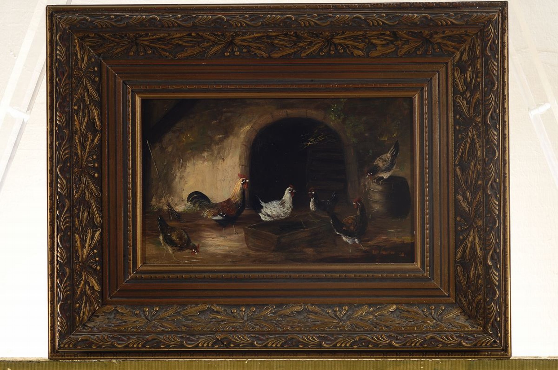 Detail k: Unbekannter Künstler, Niederlande, 2. Hälfte 19. Jh., Hühner im Stall, Öl/Holz, ca. 17x27cm, R. ca. 34x44cm