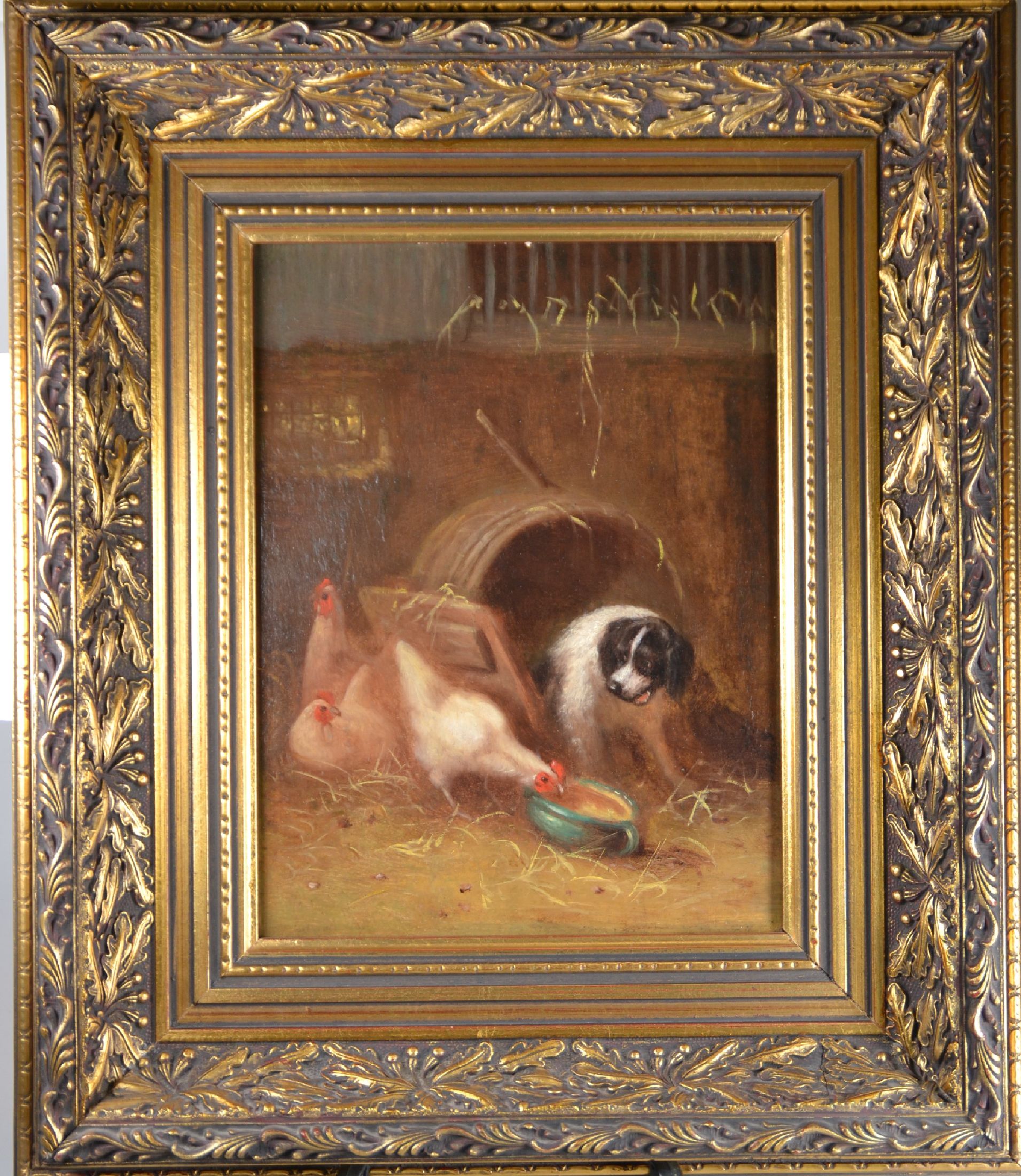 Detail b: Unbekannter Künstler, deutsch, um 1900, Hund im Hühnerstall, Öl/Holz, ca. 27x20cm, R. ca. 45x38cm