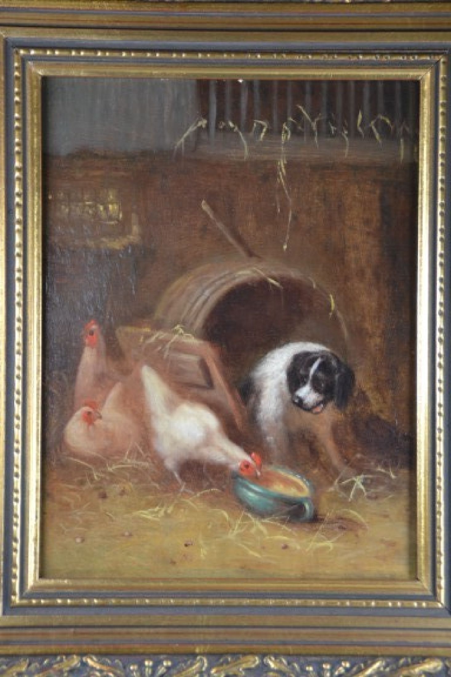 Detail c: Unbekannter Künstler, deutsch, um 1900, Hund im Hühnerstall, Öl/Holz, ca. 27x20cm, R. ca. 45x38cm