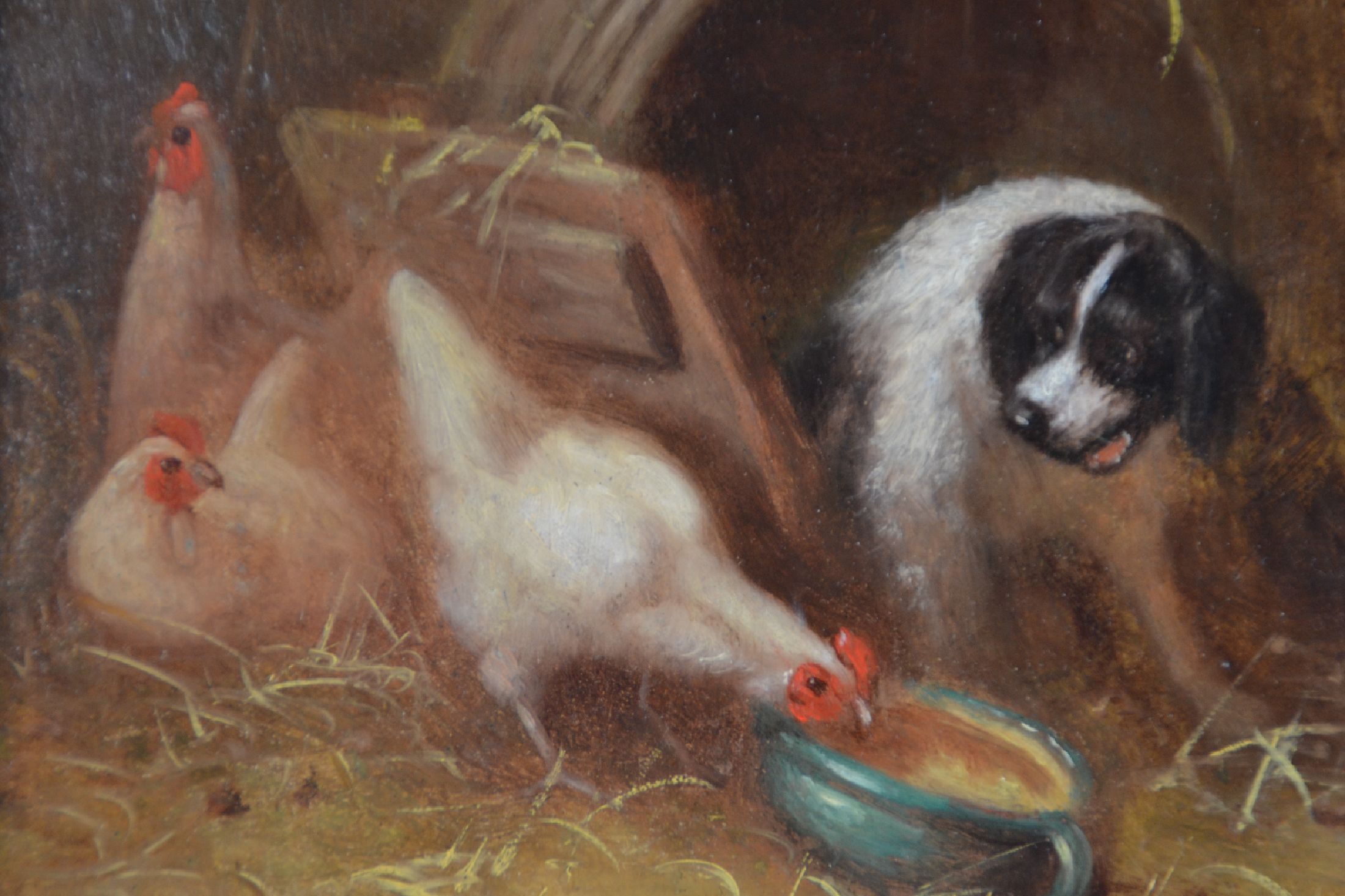 Detail d: Unbekannter Künstler, deutsch, um 1900, Hund im Hühnerstall, Öl/Holz, ca. 27x20cm, R. ca. 45x38cm
