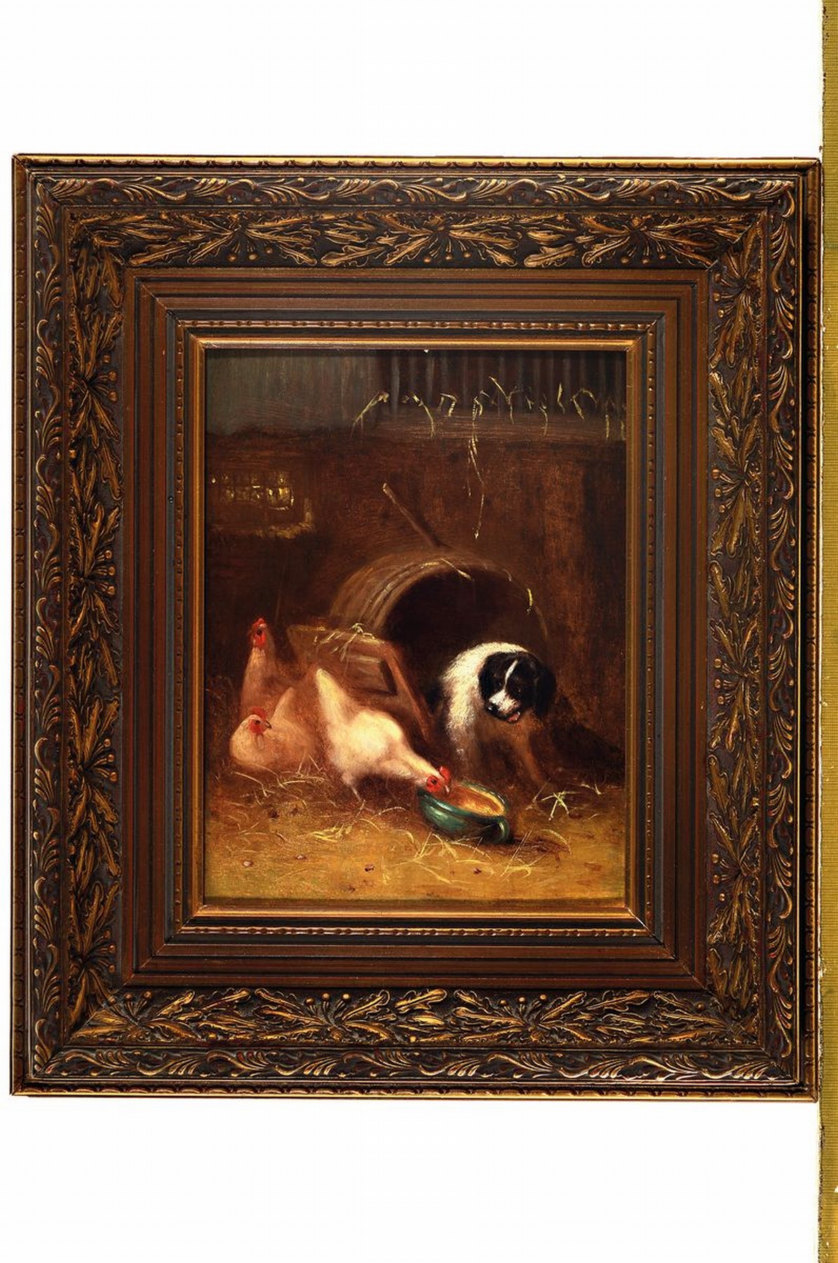 Detail k: Unbekannter Künstler, deutsch, um 1900, Hund im Hühnerstall, Öl/Holz, ca. 27x20cm, R. ca. 45x38cm