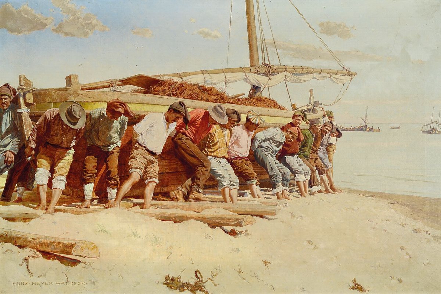 Kunz Meyer-Waldeck, 1859 Mitau - 1953 Schloß Neuburg, Münchner Schule, Gruppe aus Fischern ein Boot ins Meer schiebend, südliche Szenerie, ...