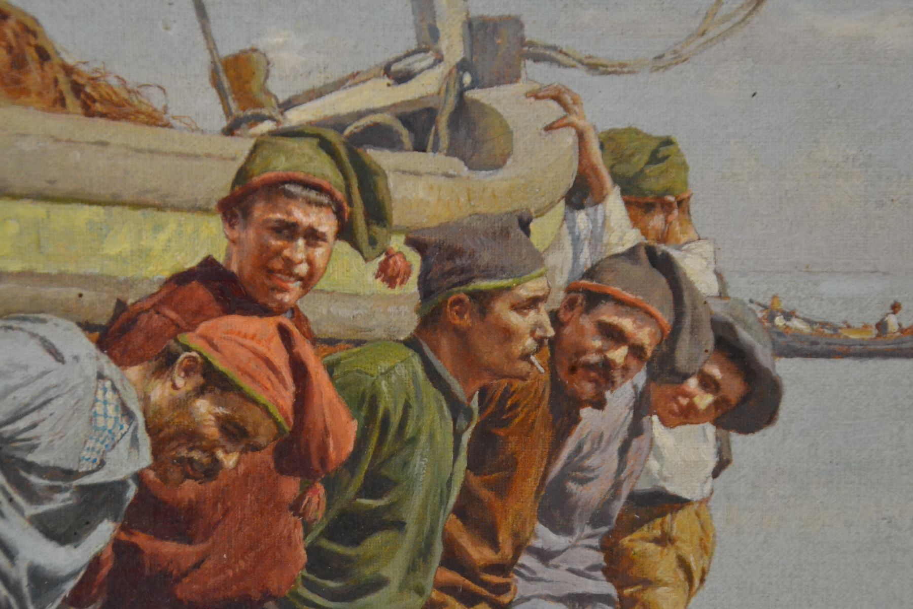 Detail c: Kunz Meyer-Waldeck, 1859 Mitau - 1953 Schloß Neuburg, Münchner Schule, Gruppe aus Fischern ein Boot ins Meer schiebend, südliche Szenerie, ...