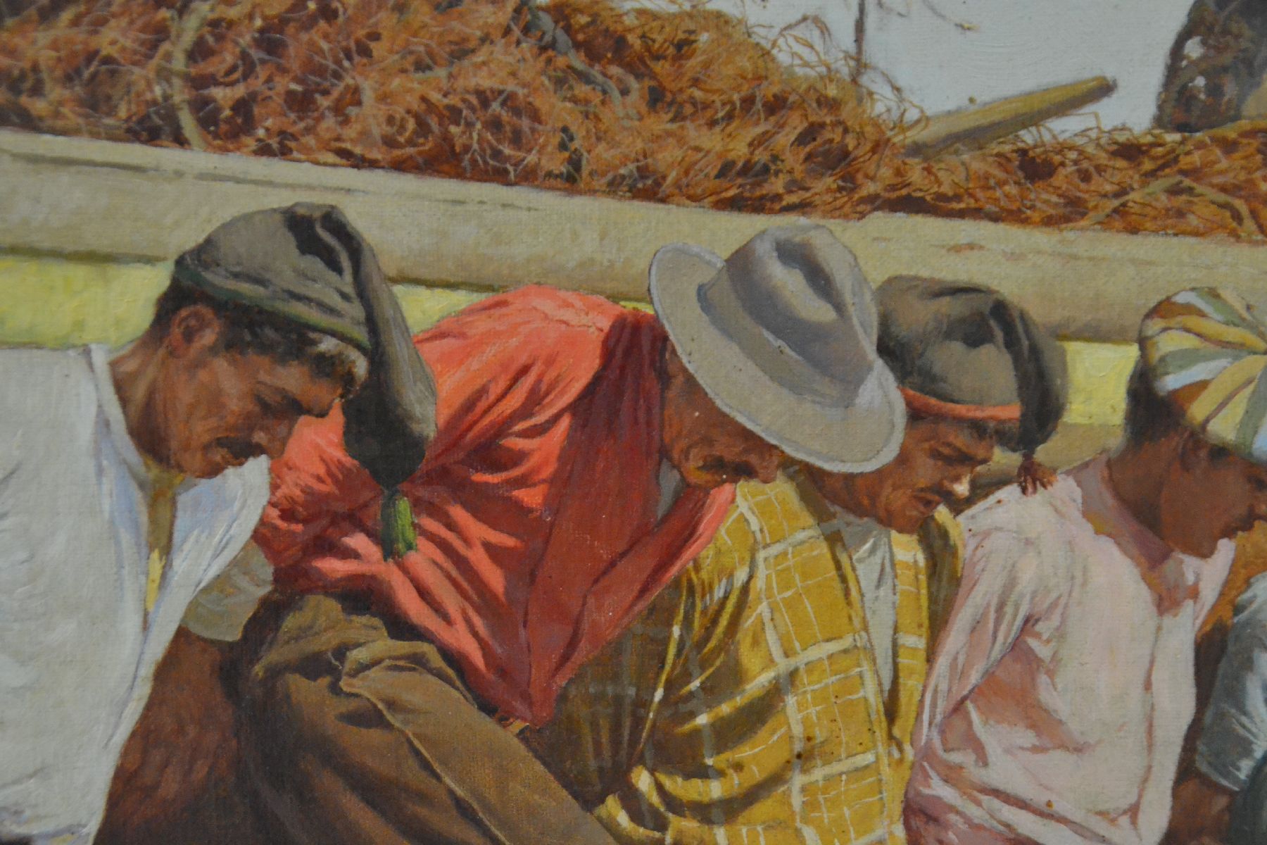 Detail d: Kunz Meyer-Waldeck, 1859 Mitau - 1953 Schloß Neuburg, Münchner Schule, Gruppe aus Fischern ein Boot ins Meer schiebend, südliche Szenerie, ...