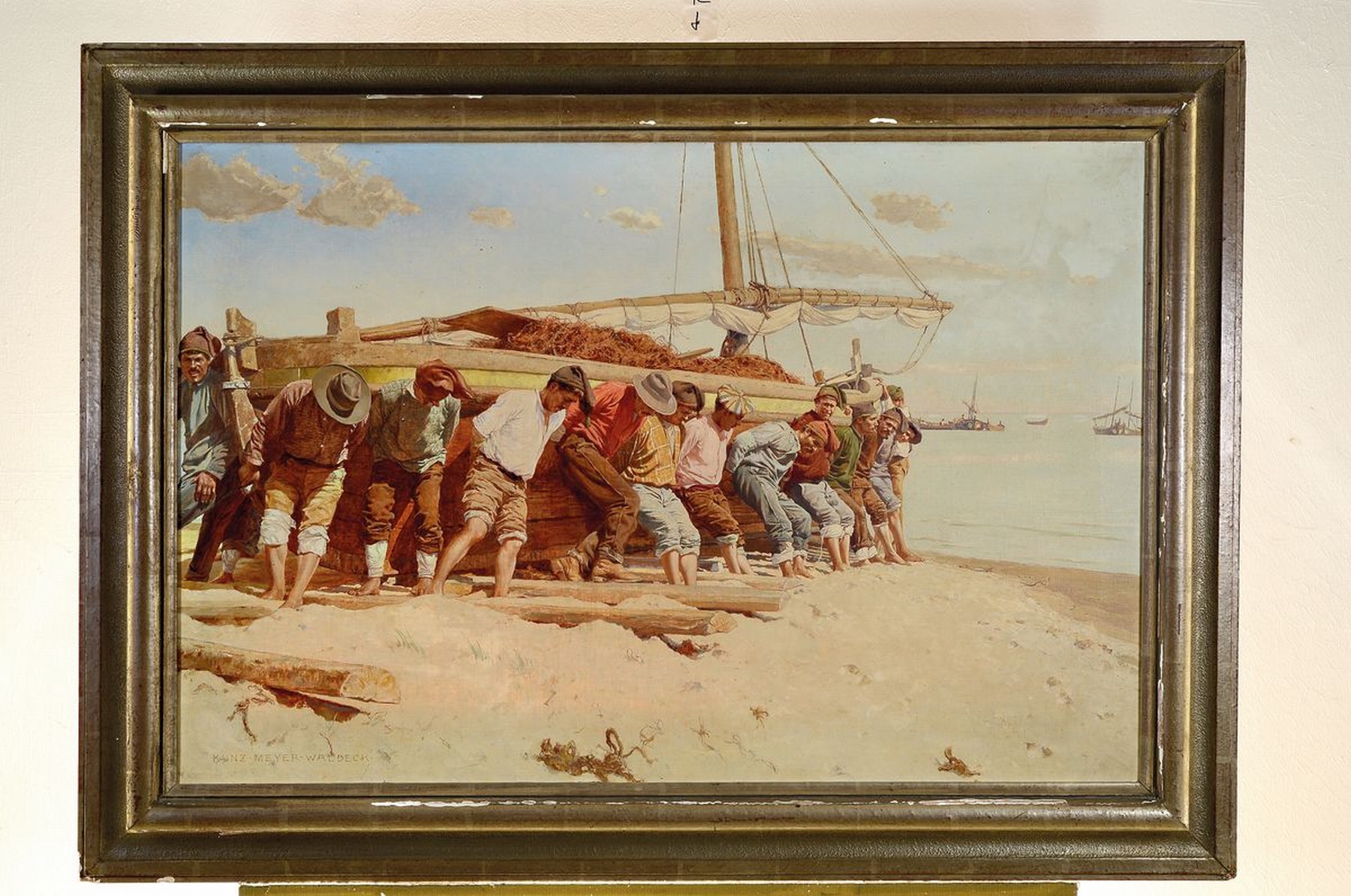 Detail k: Kunz Meyer-Waldeck, 1859 Mitau - 1953 Schloß Neuburg, Münchner Schule, Gruppe aus Fischern ein Boot ins Meer schiebend, südliche Szenerie, ...