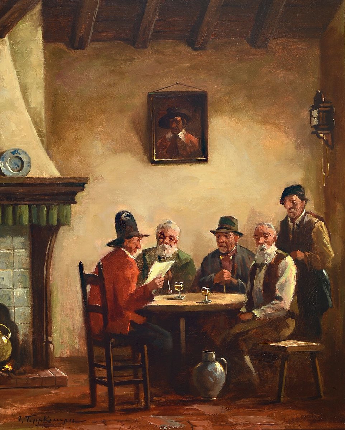 Josef Tippkemper, geb. 1892 Oelde, Fünf Männer am Tisch in der Stube, links ein Kachelofen, ÖL/Lwd, links unten signiert, ca. 50x40cm, R. ca. ...