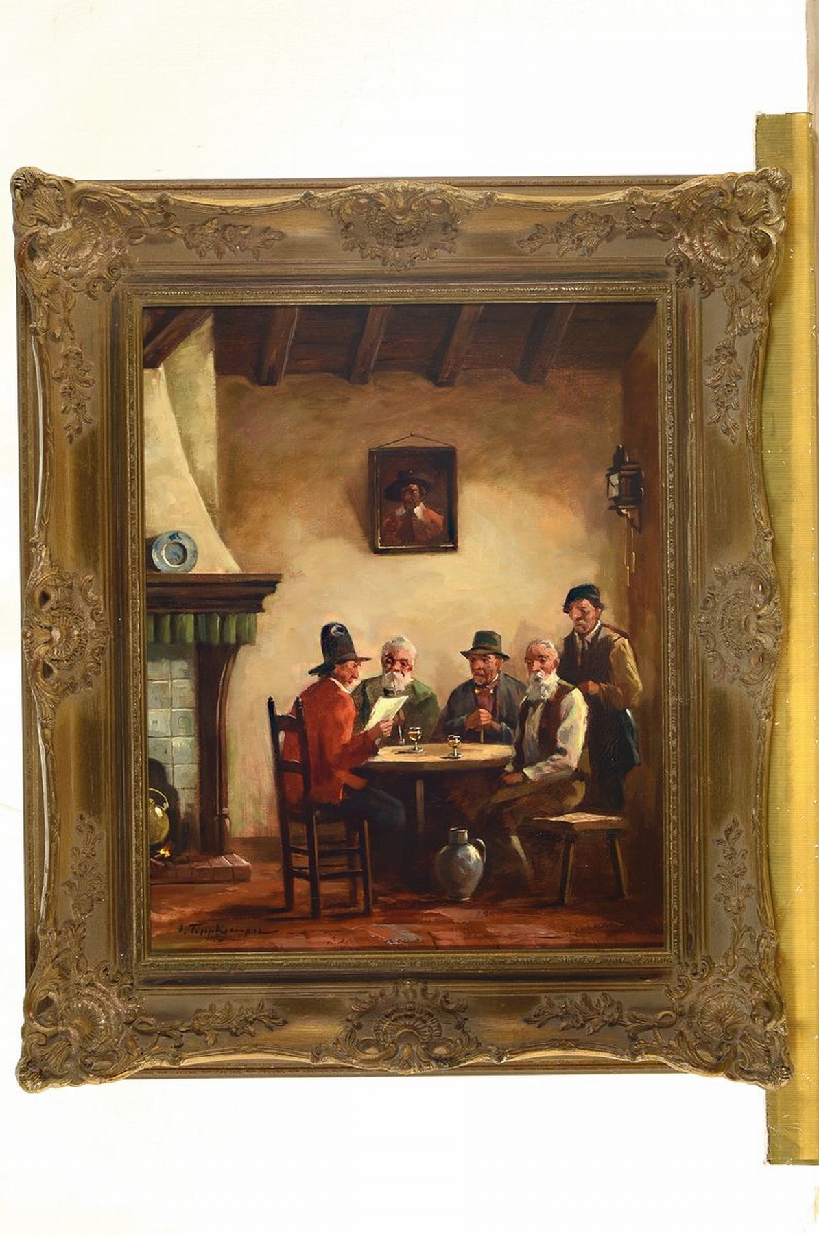 Detail k: Josef Tippkemper, geb. 1892 Oelde, Fünf Männer am Tisch in der Stube, links ein Kachelofen, ÖL/Lwd, links unten signiert, ca. 50x40cm, R. ca. ...