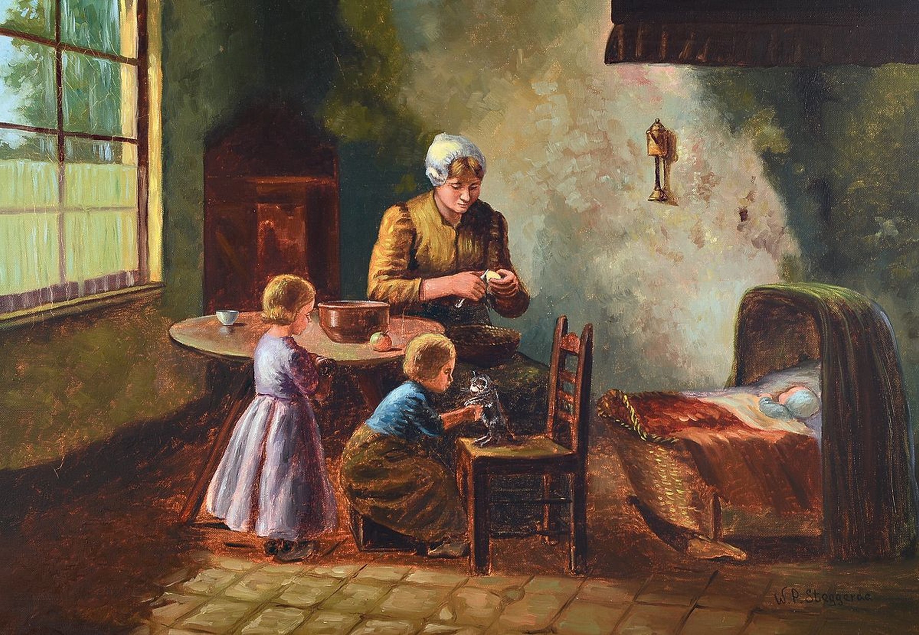 Willem Petrus Steggerda, 1907-1945, Mutter mit Kindern in der Stube, Öl/Lwd, rechts unten signiert, ca. 50x70cm, R. ca. 70x90cm