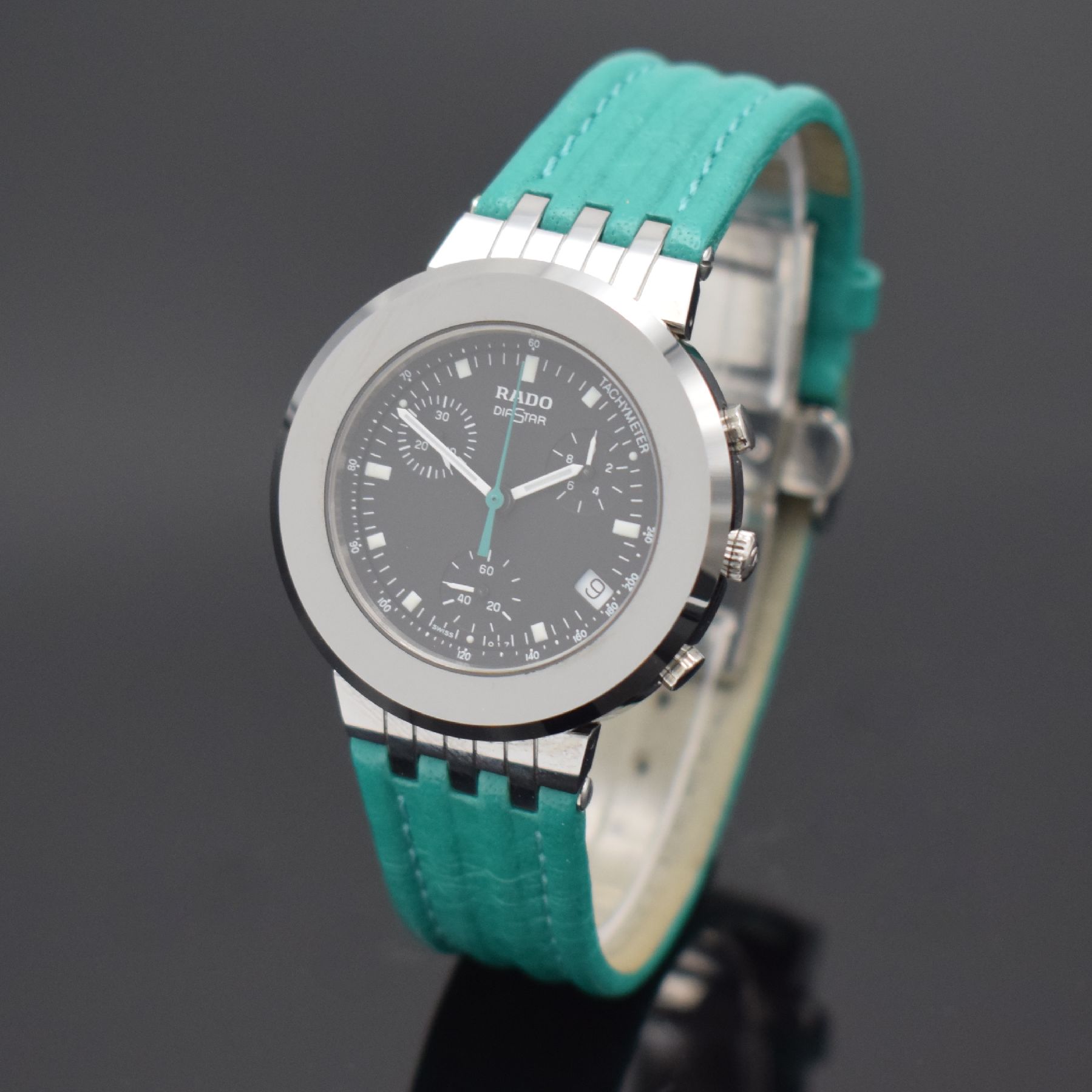 RADO Diastar Armbanduhr mit Chronograph in Stahl, Schweiz um 2005, quarz, Ref. 538.0470.3, Boden aufgedr., orig. Lederband m. dopp. Faltschl., ...